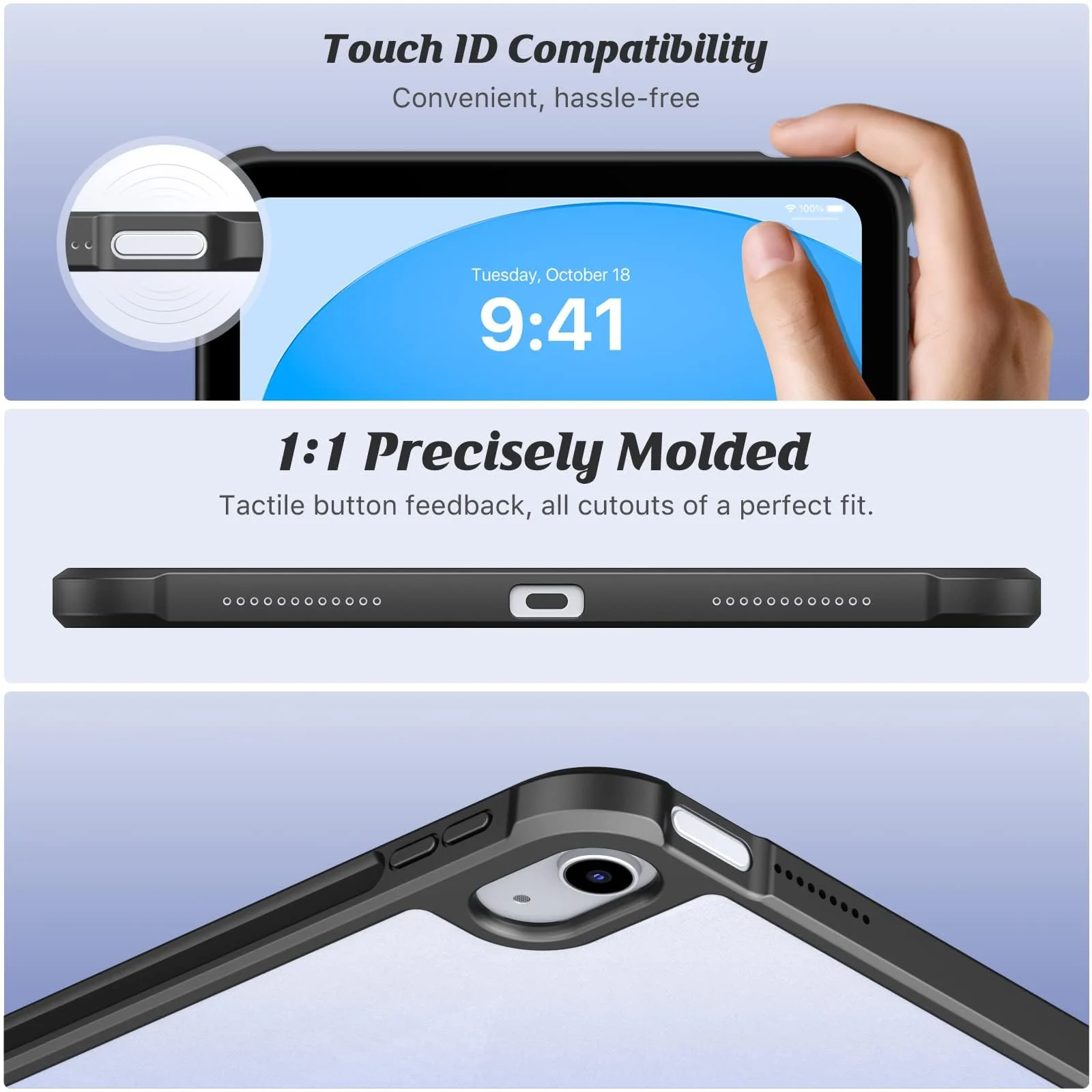 DL3 Mobilak Clear Case for iPad 10th Generation 10.9 Inch 2022, Slim Transparent Hard PC Back Cover TPU Frame Shell, Support Touch ID - Black