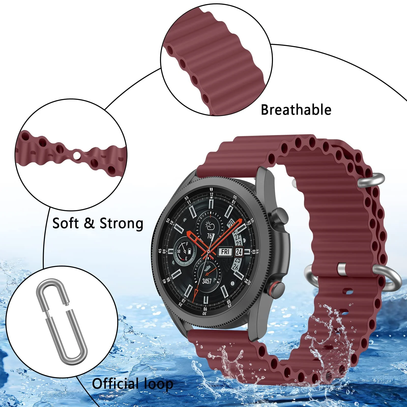 DL3 Mobilak Ocean Bands Silicone 20MM Strap For Samsung Galaxy Watch 7 6 5 4 40mm 44mm/5 Pro 45mm/S2 classic/active 2 40mm 44mm/Amazfi GTS 2/2e/GTS 3/3 Pro/GTS 4/GTS 2 Mini/3 Mini/4 Mini/Bip 3 Pro - Wine Red