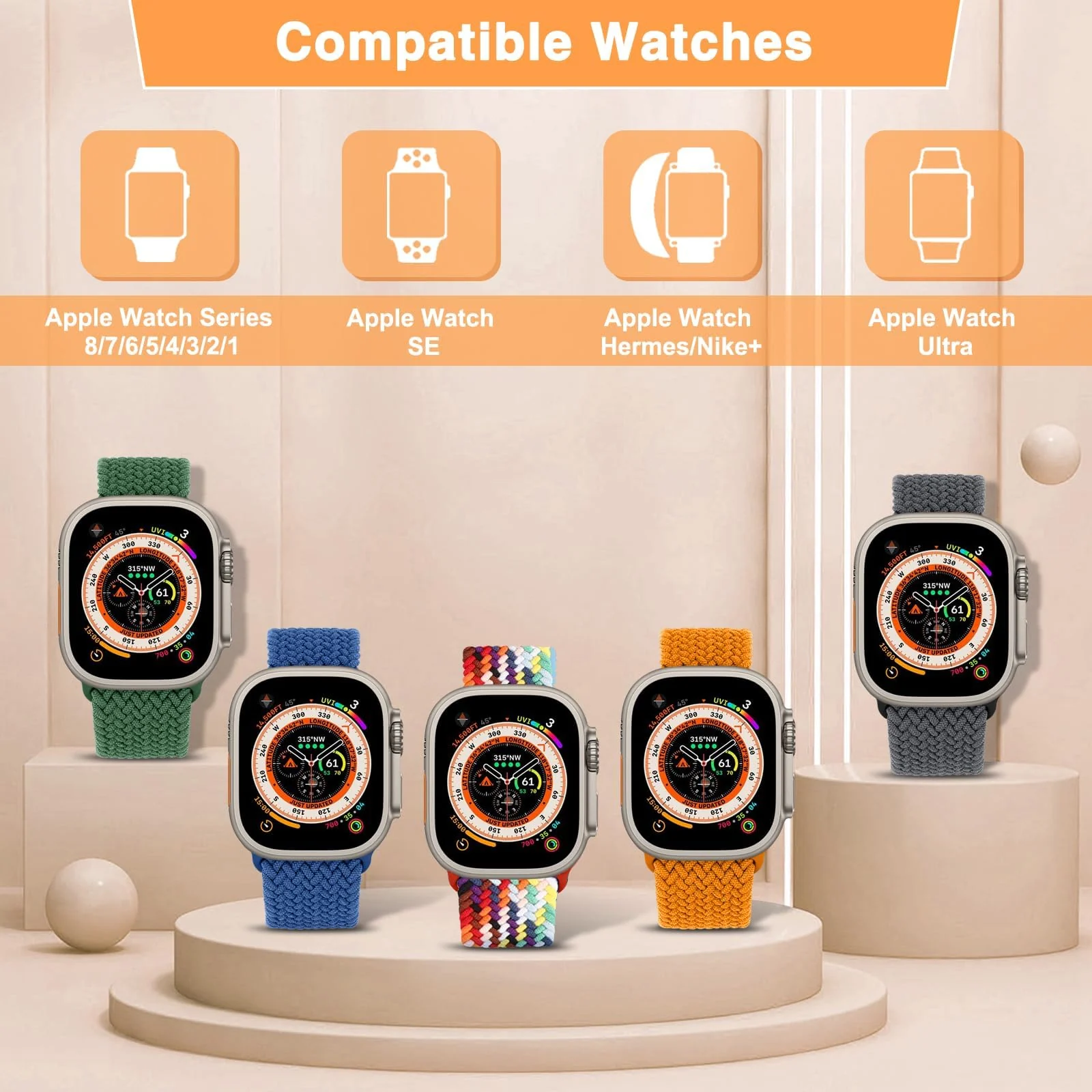 DL3 Mobilak Braided Solo Loop Band For Apple Watch Band 49mm 45mm 44mm 42mm, Replacement Wristband Nylon Strap for iWatch Series SE 9/8/7/6/5/4/3/2/1/Ultra/Ultra 2 (Orange, Small), unisex-adult - Black