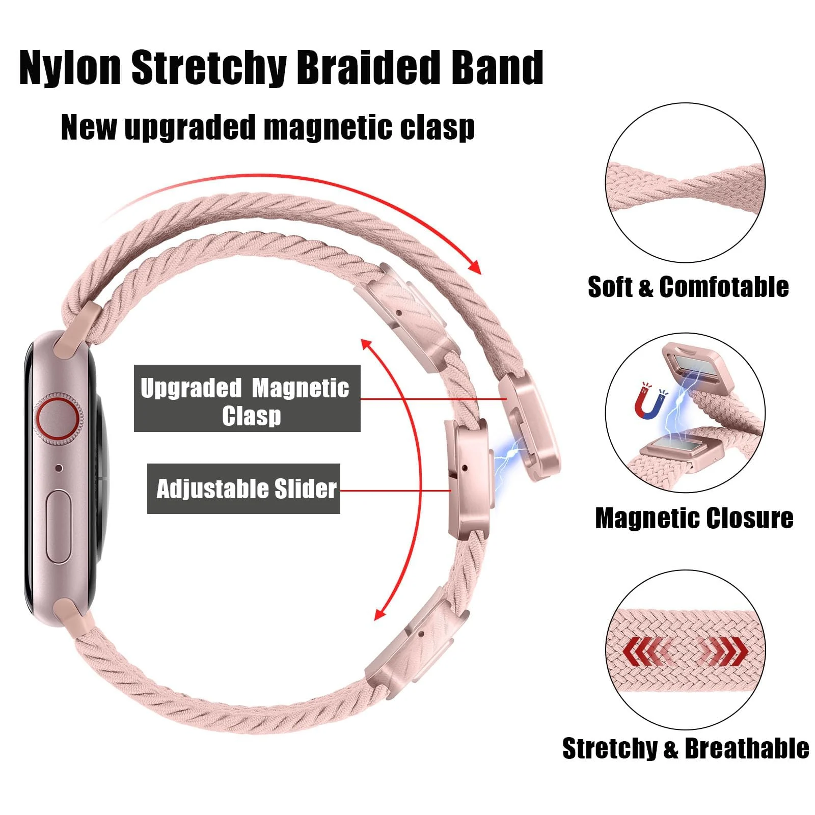 DL3 Mobilak Sport Solo Loop For Apple Watch Band Ultra 49mm 46mm 45mm 44mm 42mm, Adjustable Magnetic Stretchy Nylon Braided Wristband for iWatch SE Series 11 10 9 8 7 6 5 4 3 2 1 (A) - A-Pink