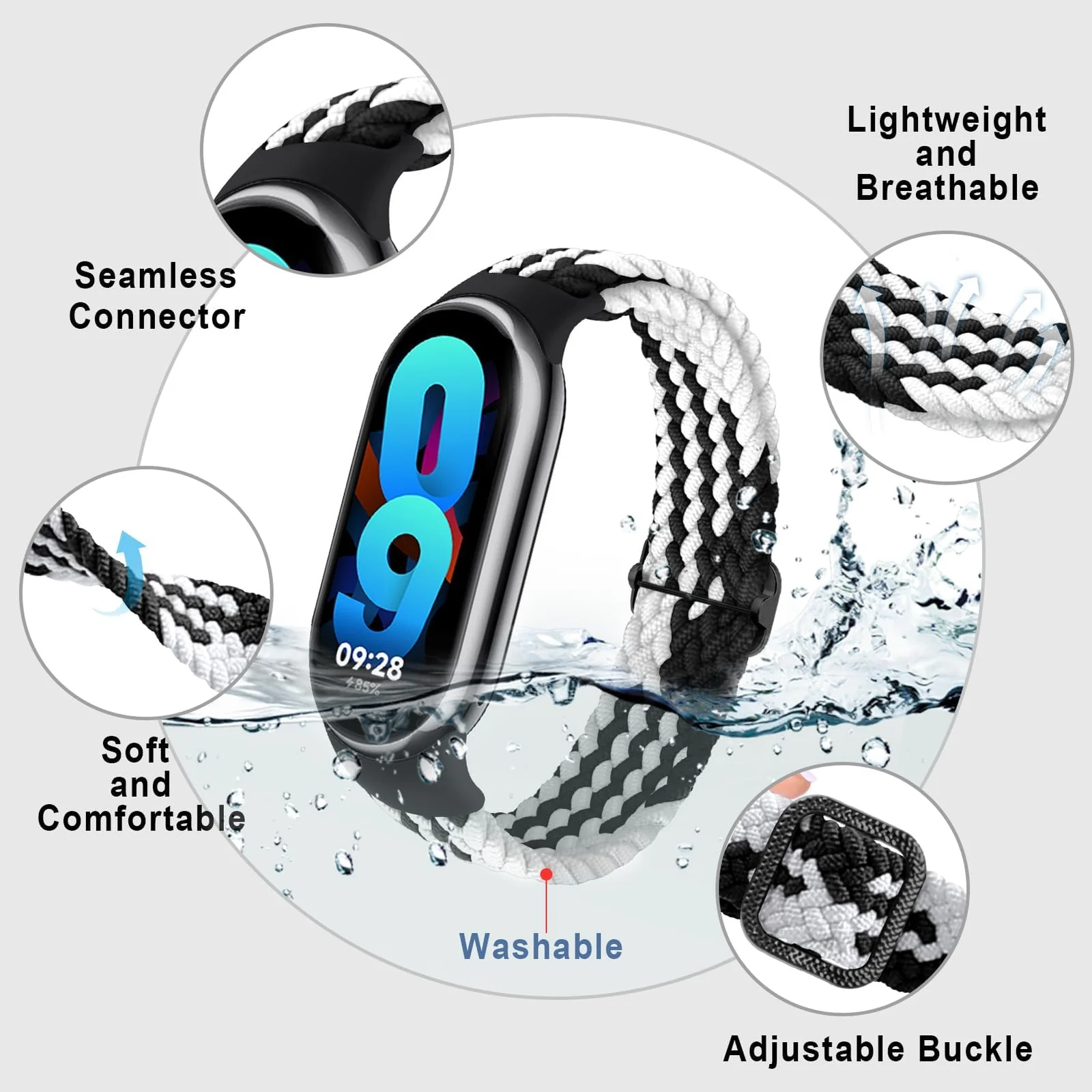 DL3 Mobilak Compatible with Xiaomi Mi Band 10/9/8 strap, Braided Solo Loop for Nylon Elastic Adjustable Replacement Wristband Compatible with Xiaomi Smart Band 8/9/10 - Black White