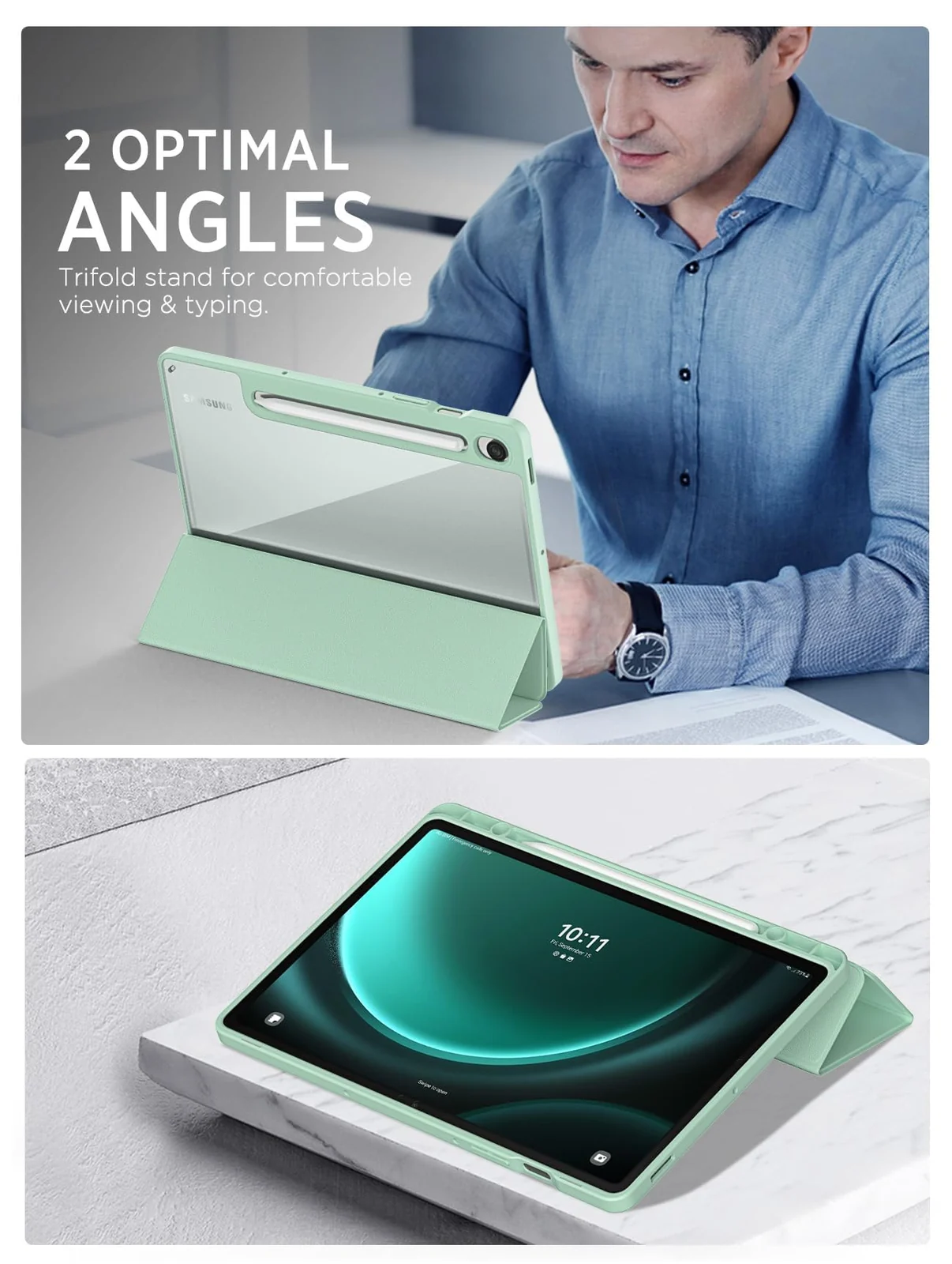 DL3 Mobilak Hybrid Slim Case for Samsung Galaxy Tab S9 FE 5G 10.9 Inch/Galaxy Tab S9 11 Inch 2023 with S Pen Holder, Shockproof Cover with Clear Transparent Back Shell, Auto Wake/Sleep - Mint Green