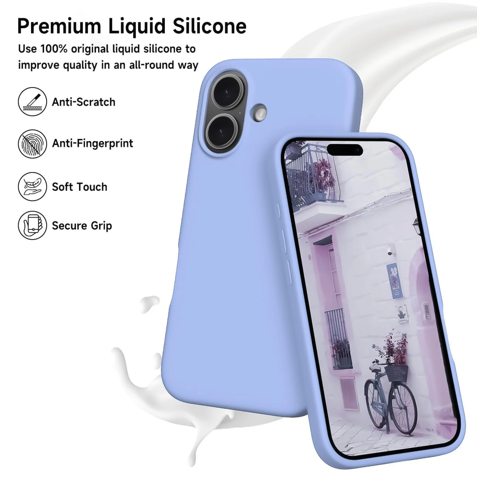 DL3 Mobilak Liquid Silicone Case for iPhone 16 + Plus 6.7-Inch, Supports wireless charging, Shock-absorbing protection, Scratch-resistant surface - Lavender Blue