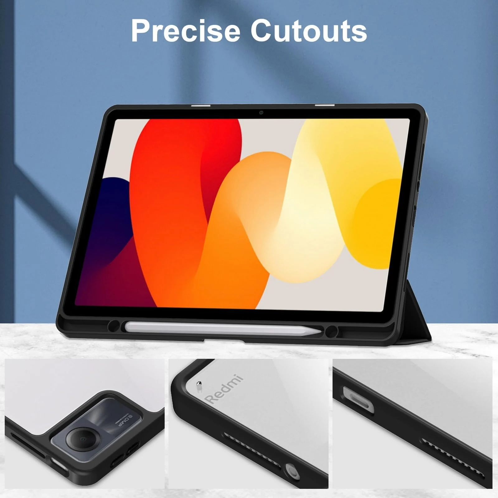 DL3 Mobilak Xiaomi Redmi Pad SE 11 inch Tablet 2023 Case with Pen Holder, Soft TPU Back Trifold Stand Protective Smart Cover Flip, Auto Wake & Sleep - Black