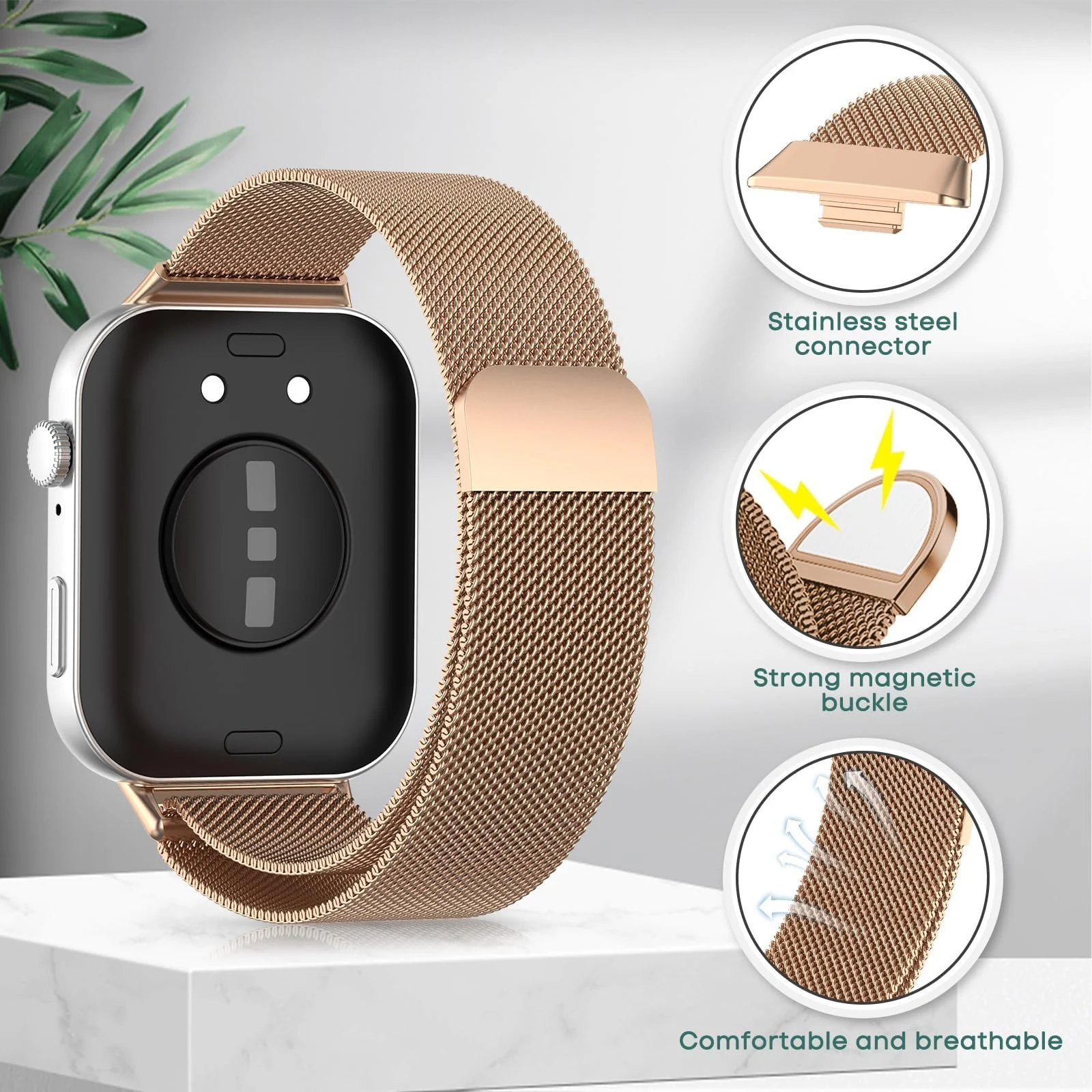 DL3 Mobilak Bracelet Compatible with Huawei Watch Fit 3, Stainless Steel Replacement Straps, Mesh Metal Watch Strap, Magnetic Adjustable Replacement Strap For Huawei Watch Fit3 - Rose Gold