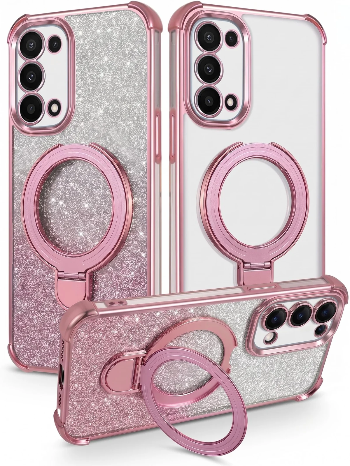 Mobigon Glitter Phone Case Compatible with OPPO Reno 5, Magnetic Ring Stand Shockproof Cover, Clear Soft TPU Bumper with Full Camera Protection - Pink