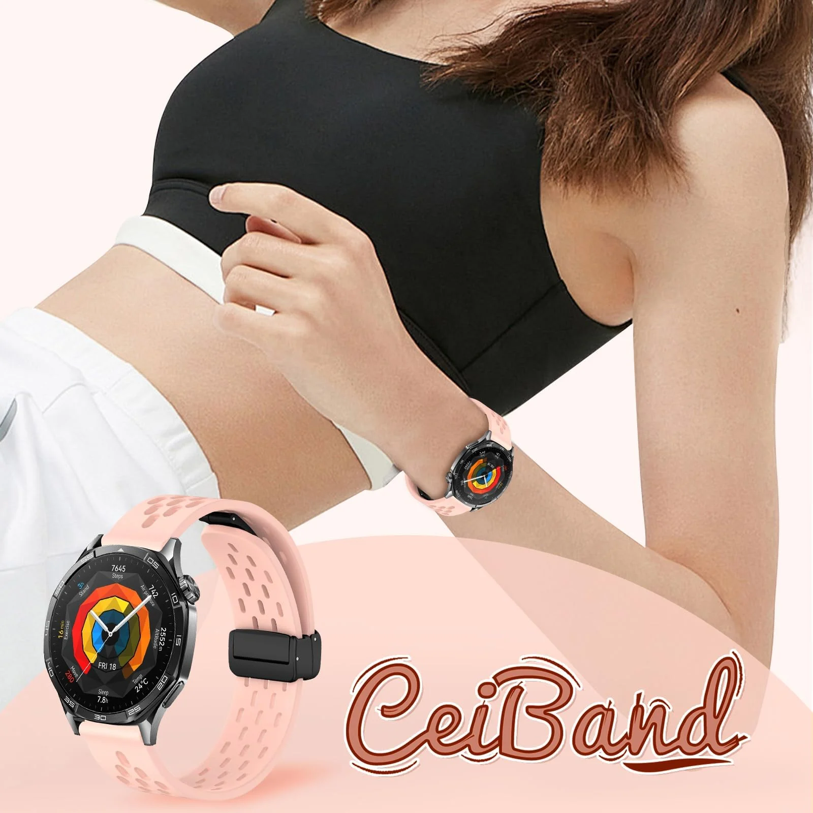 DL3 Mobilak 18mm Silicone Strap For Huawei Watch GT 6 41mm/GT 5 Pro 42 mm/GT 5 41mm/GT4 41 mm/Watch 5 42mm Magnetic Metal Buckle Sport Silicone Breathable Strap, Band Soft Replacment Wristband - Light Pink