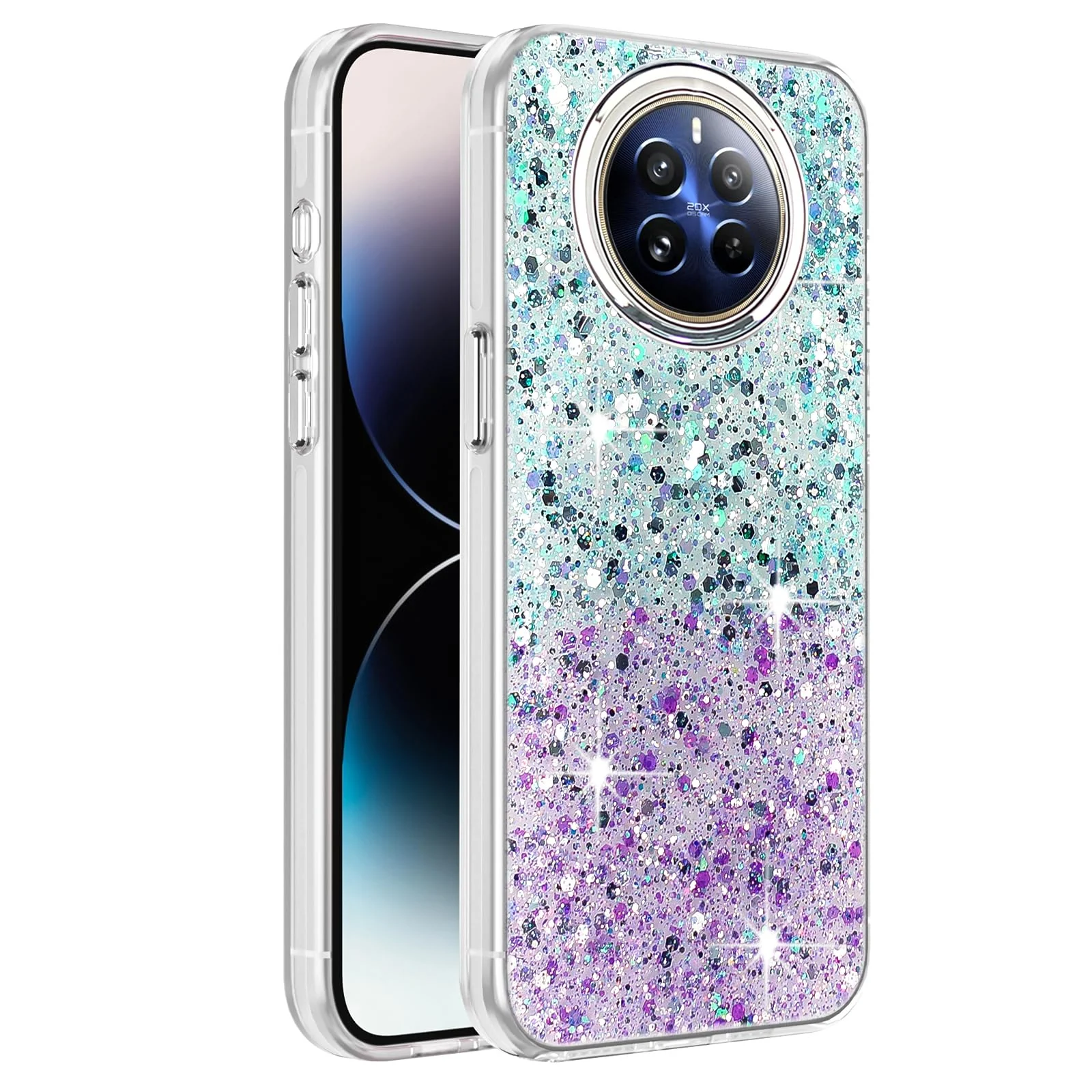 DL3 Mobilak Glitter Protective Case for realme 12 Pro 5G / realme 12 Pro + Plus 5G, Supports wireless charging, Camera protection, Shock-absorbing protection - Green Purple