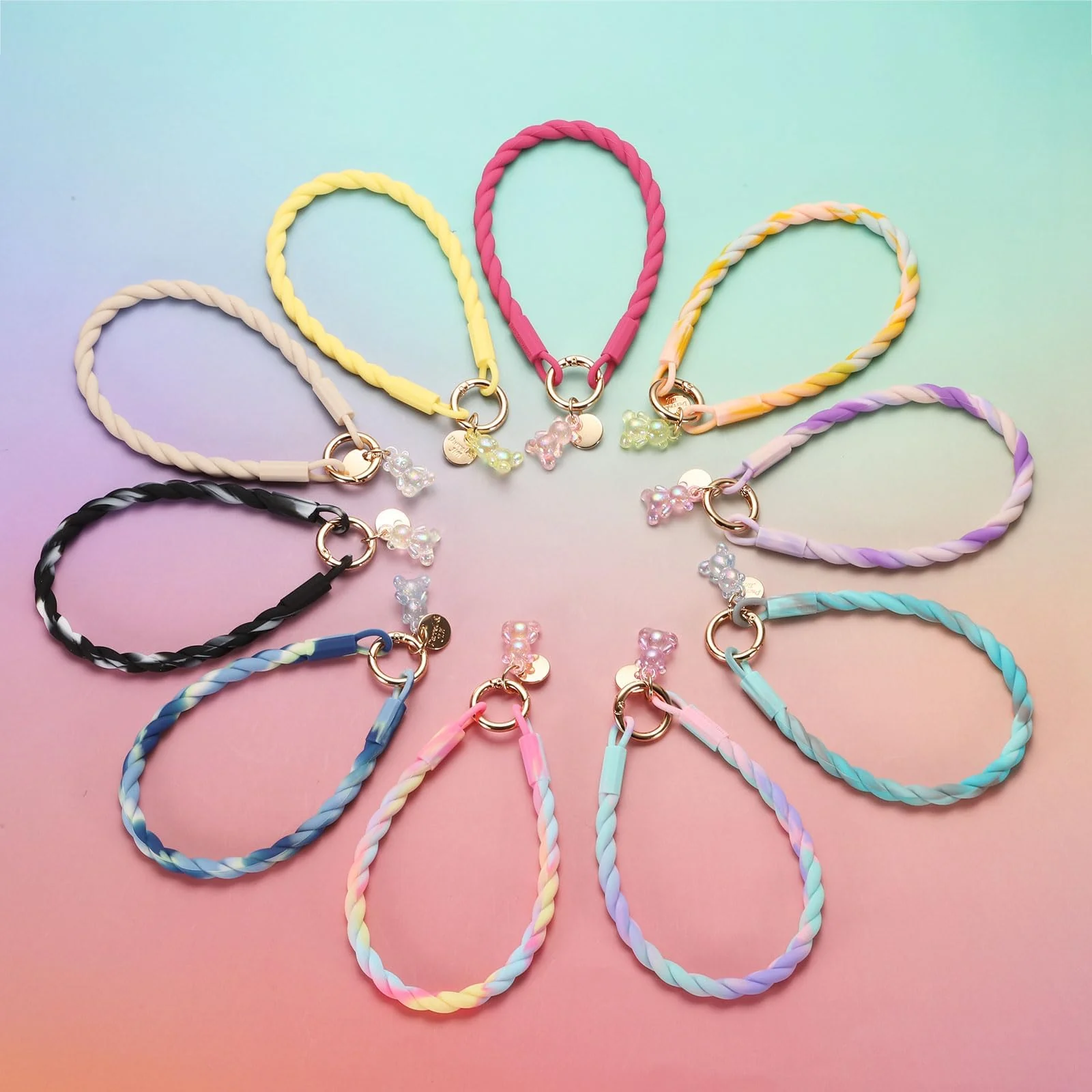 DL3 Mobilak Silicone Crystal Lanyard, 30cm Phone Wrist Strap Lanyard Keychain Office Wrist Strap with Clasp and Bear for Women Phone ID Card, Keys Strap - Purple/Pink