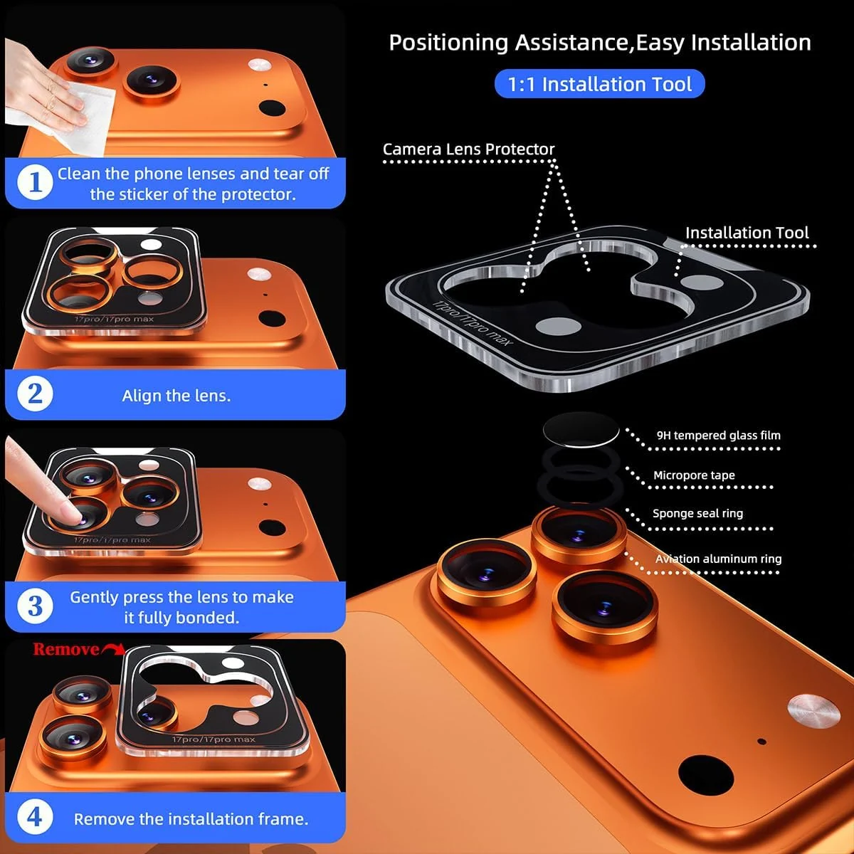 DL3 Mobilak Camera Lens Protector For iPhone 17 Pro/iPhone 17 Pro Max, [Keep Original Shooting] Tempered Glass Screen Protector Metal Individual Camera Cover, Case Friendly - Cosmic Orange
