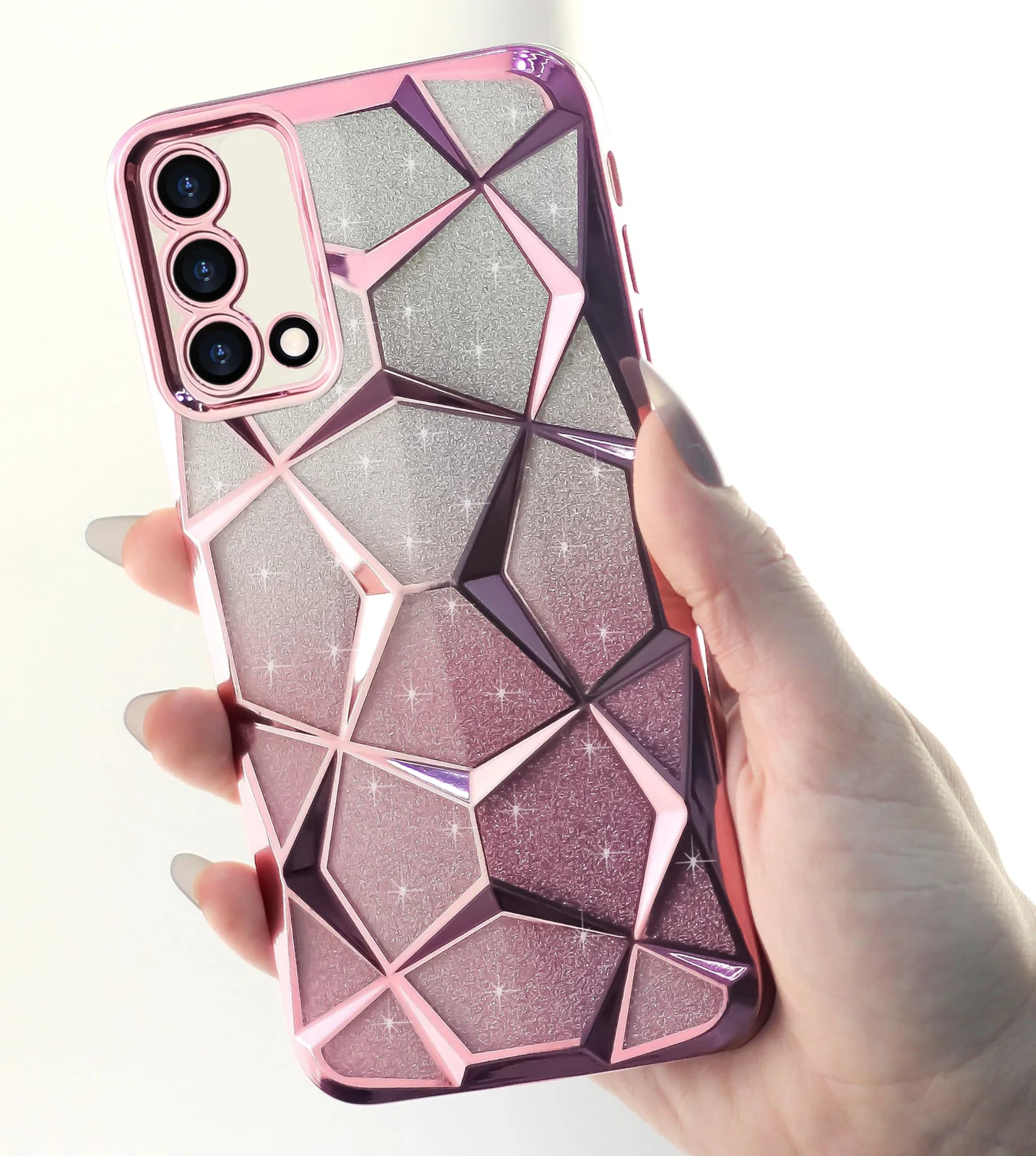 DL3 Mobilak Compatible with OPPO A74 4G / A95 4G Case Plating Bling Gradient Glitter Clear Cover Soft TPU Silicone Cute Camera Protection Shockproof Back for Women Girls Case - Pink