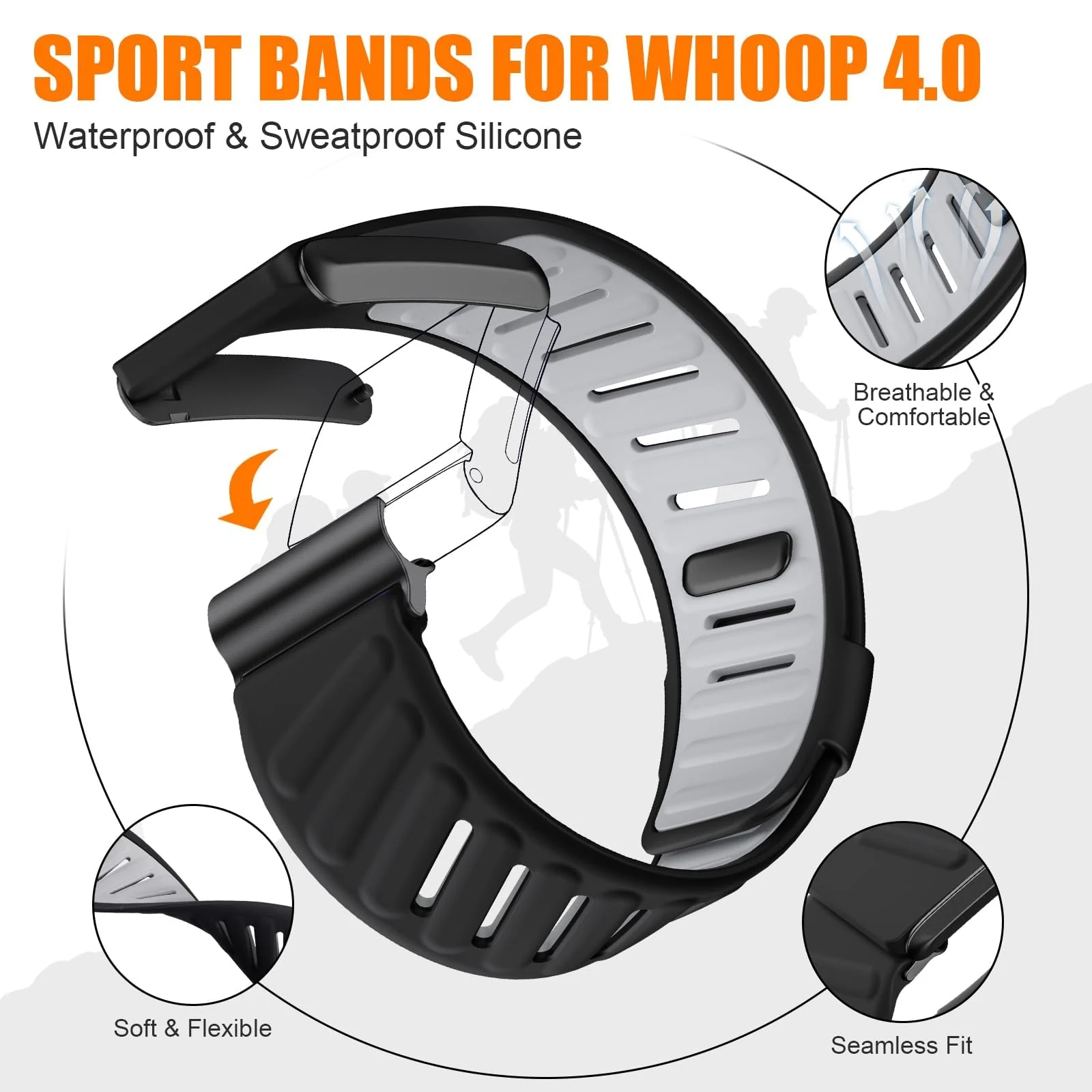 MOBIGON Breathable Silicone Sport Strap for WHOOP 4.0, Black / Gray