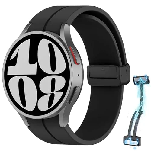 Strap Compatible with Samsung Galaxy Watch 7 FE 6 5 4 Strap 40MM 44MM/Watch 6 Classic 43MM 47MM/5 Pro 45MM/4 Classic 42MM 46MM, No Gap Magnetic Clasp Silicone Band (Black)
