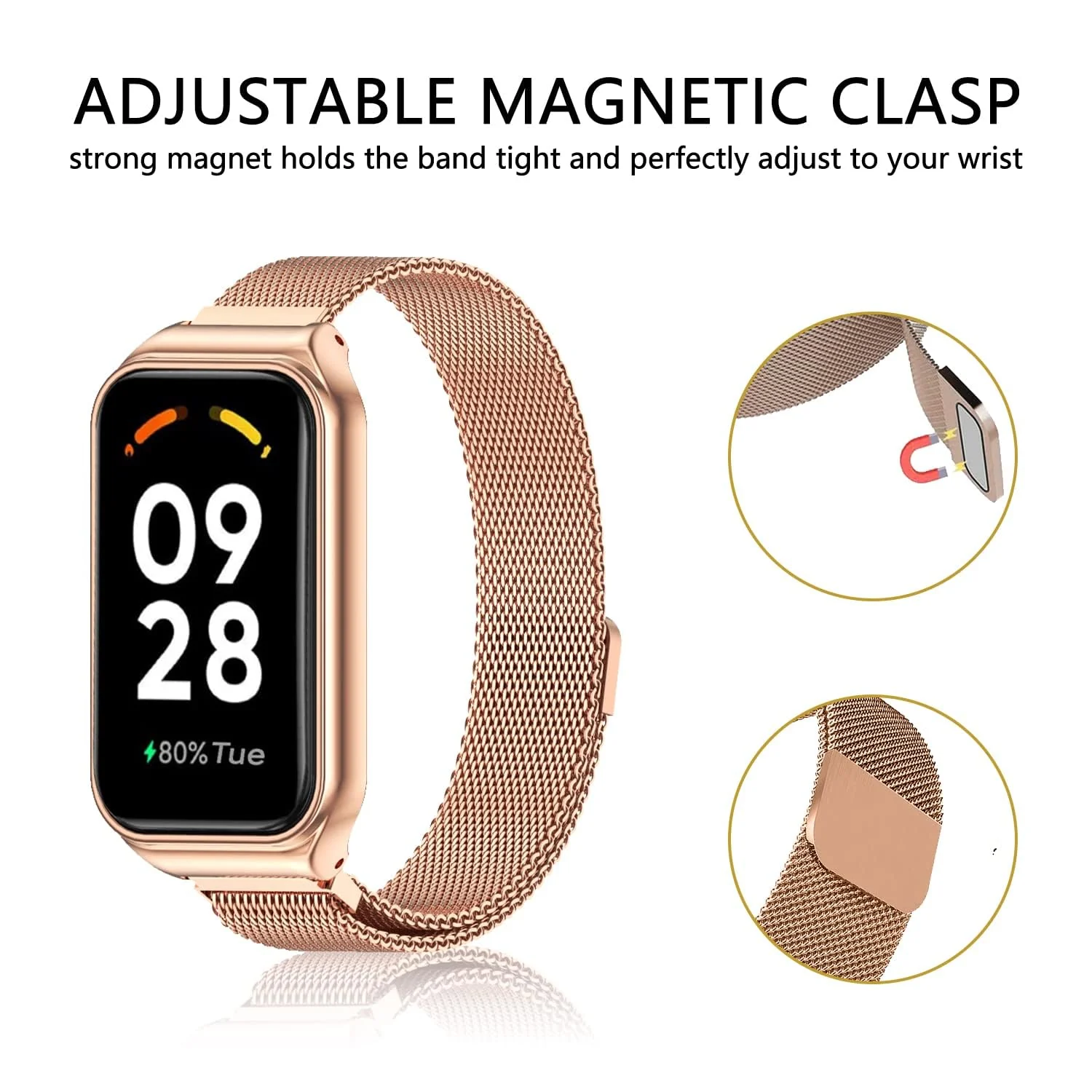 DL3 Mobilak Bracelet Compatible with Xiaomi Redmi Band 2/Smart Band 8 Active, Stainless Metal Magnetic Replacement Strap - Rose Gold