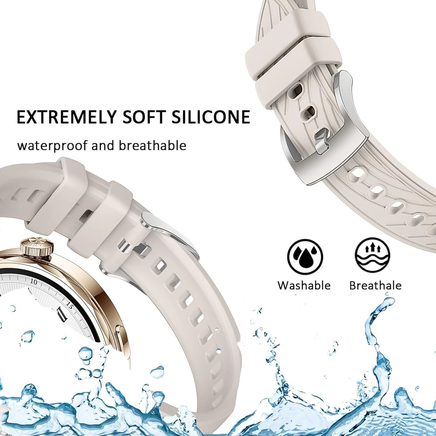 DL3 Mobilak 18mm Silicone Strap Compatible with Huawei Watch GT 6 41mm/GT 5 Pro 42 mm/GT5 41mm/GT4 41 mm/Huawei Watch 5 42mm, 18 mm Silicone Sport Replacement Band for Venu 2S/3S/Vivomove 3S/4S - Starlight