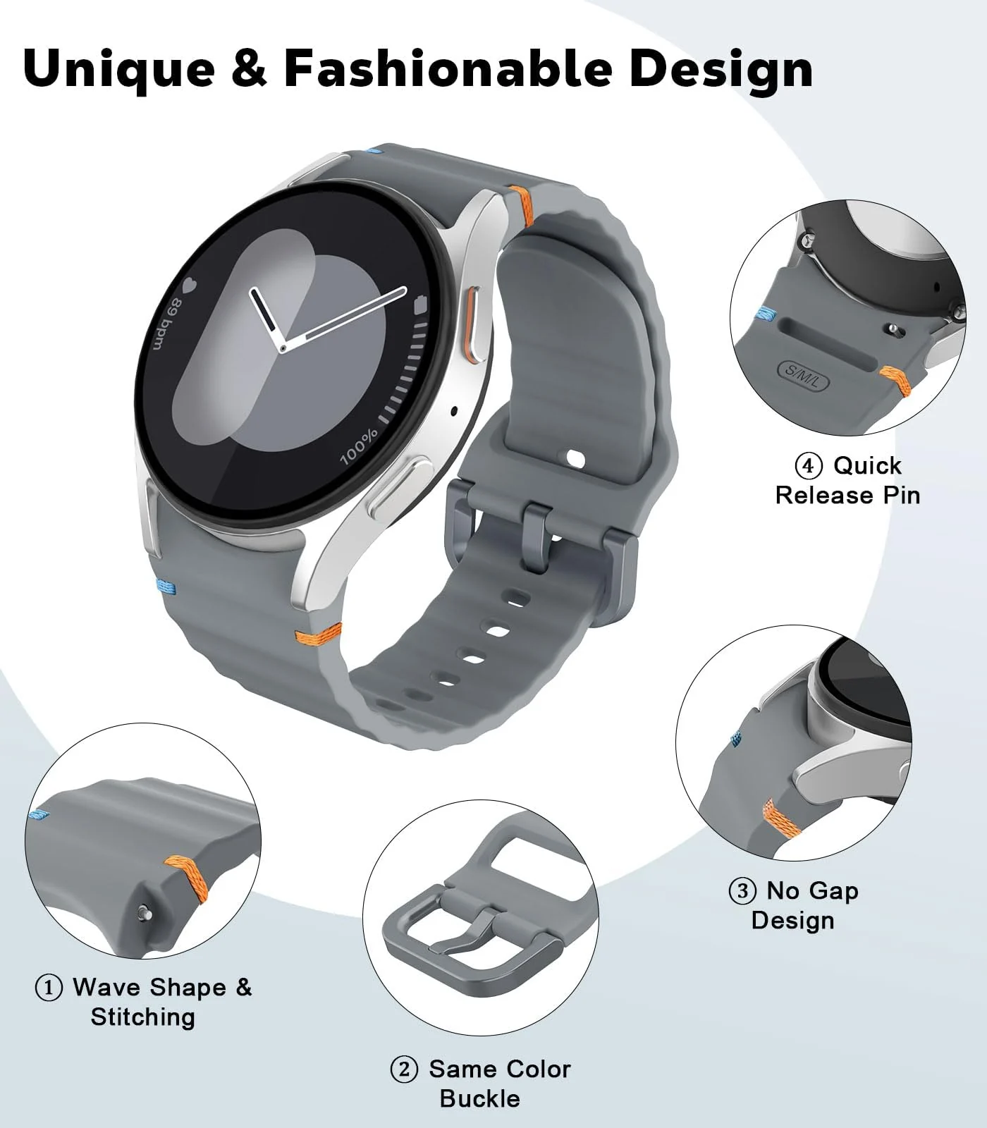 DL3 Mobilak No Gap Sport Bands For Samsung Galaxy Watch 7 6 5 4 FE Strap 40mm 44mm, Soft Silicone Sport Band for Galaxy Watch 6 Classic Straps 47mm 43mm/Galaxy Watch 5 Pro/Watch 4 Classic 42mm 46mm for Men Women - Space Gray