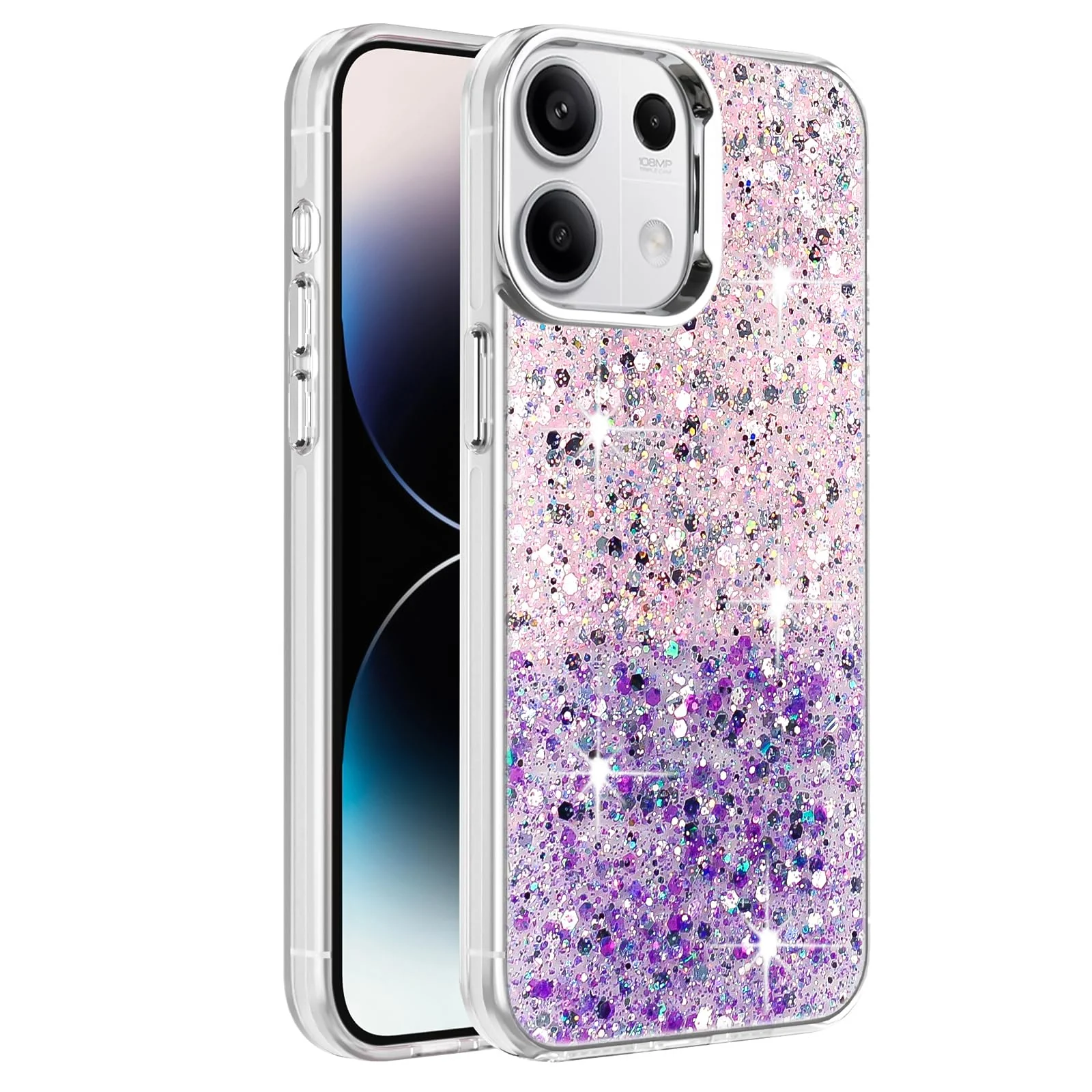 DL3 Mobilak Glitter Protective Case for Xiaomi Redmi Note 13 4G (NOT 5G), Supports wireless charging, Camera protection, Shock-absorbing protection - Pink Purple