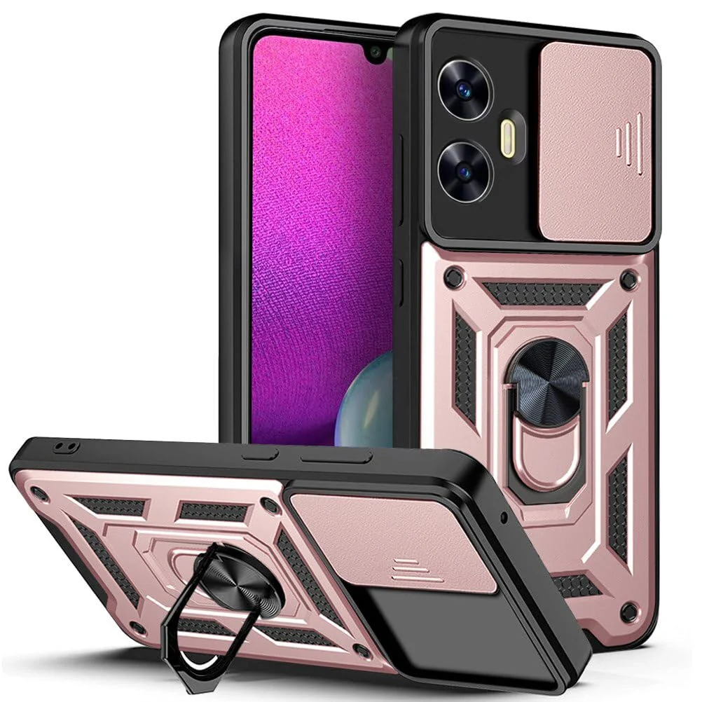DL3 Mobilak Military-Grade Protective Case with Sliding Camera Cover, Metal Ring Kickstand and Magnetic Car-Mount Support for realme C55 / Narzo N55 - Rose Gold