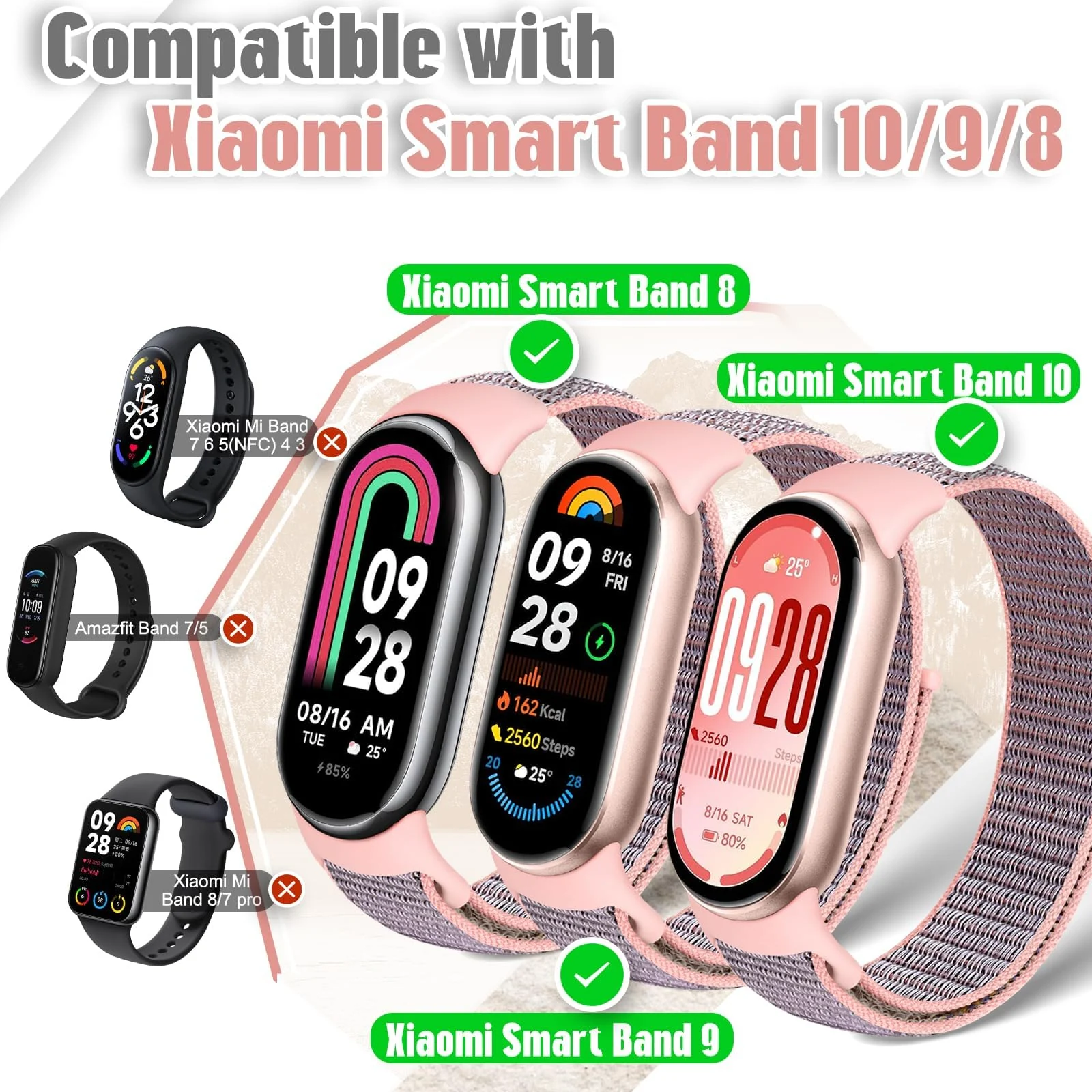 DL3 Mobilak Nylon Sport Band Compatible with Xiaomi Mi Band 10/9/8 for Women Men, Soft Adjustable Breathable Sport Loop Watch Strap Replacement Wristband for Xiaomi Smart Band 8/9/10 - Pink Sand