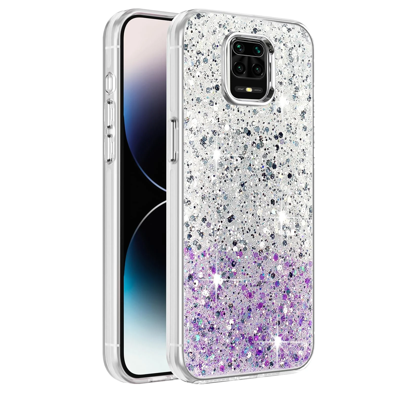 DL3 Mobilak Compatible with Xiaomi Mi Redmi Note 9S / Redmi Note9 Pro/Redmi Note 9 Pro Max Case, Clear Glitter Bling Sparkly, Soft TPU Frame Bumper, Hard-Back Cover for Women & Girls - White Purple