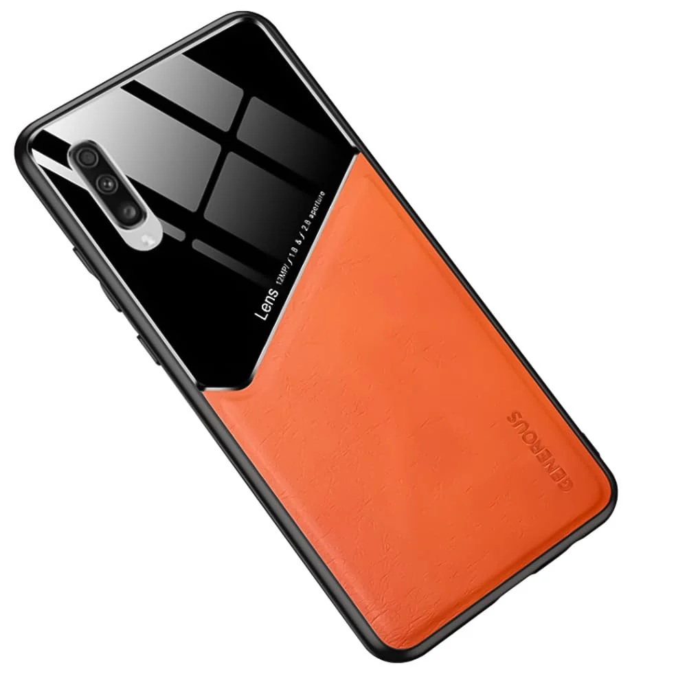 DL3 Mobilak Leather and PC Protective Case for Samsung Galaxy A70 / A70s, Built-in magnetic car-mount support, Shock-absorbing protection, Raised edges around the screen and camera - Orange