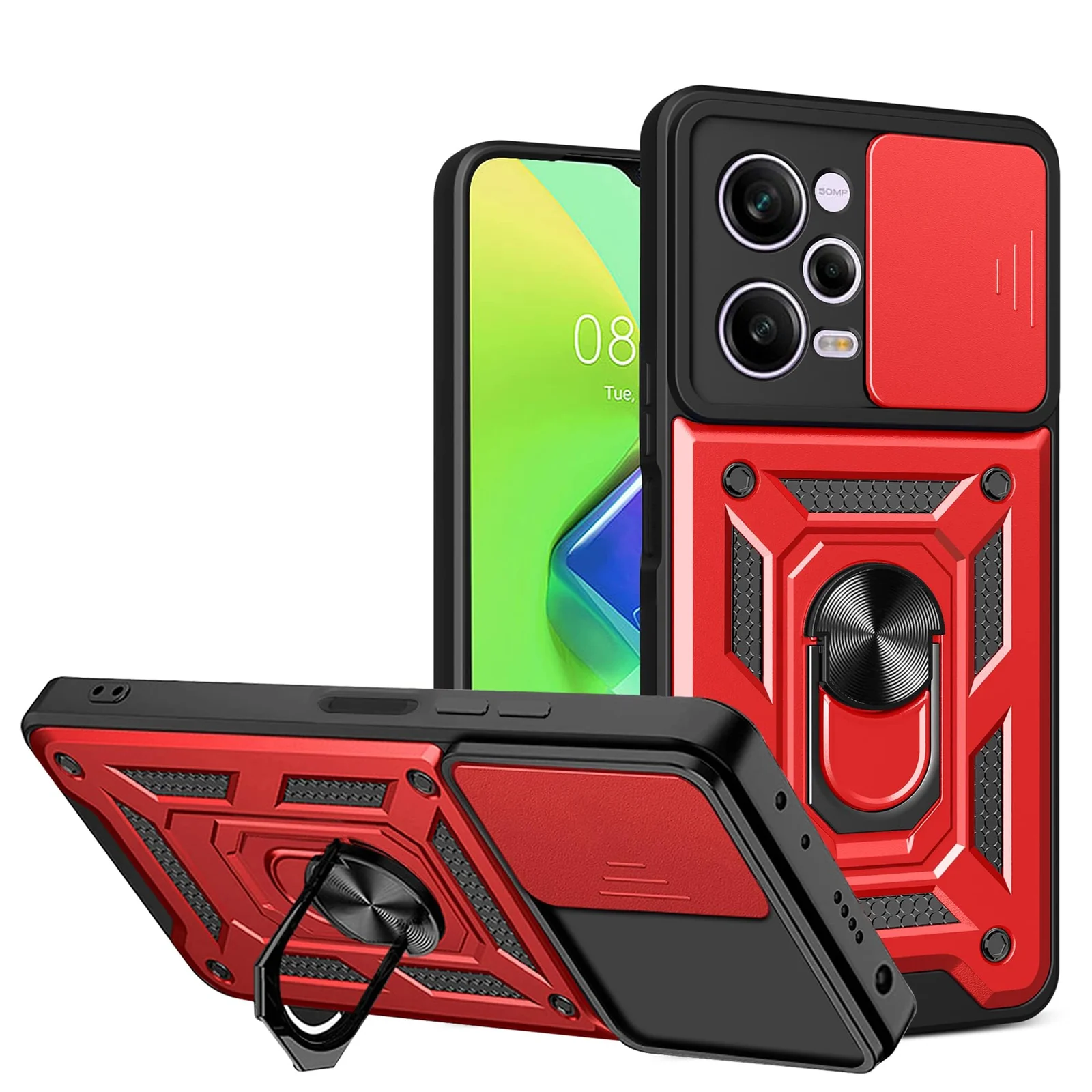 DL3 Mobilak Protective Case with Sliding Camera Cover, Metal Ring Kickstand and Magnetic Car-Mount Support for Xiaomi Redmi Note 12 Pro 5G / Poco X5 Pro 5G - Red