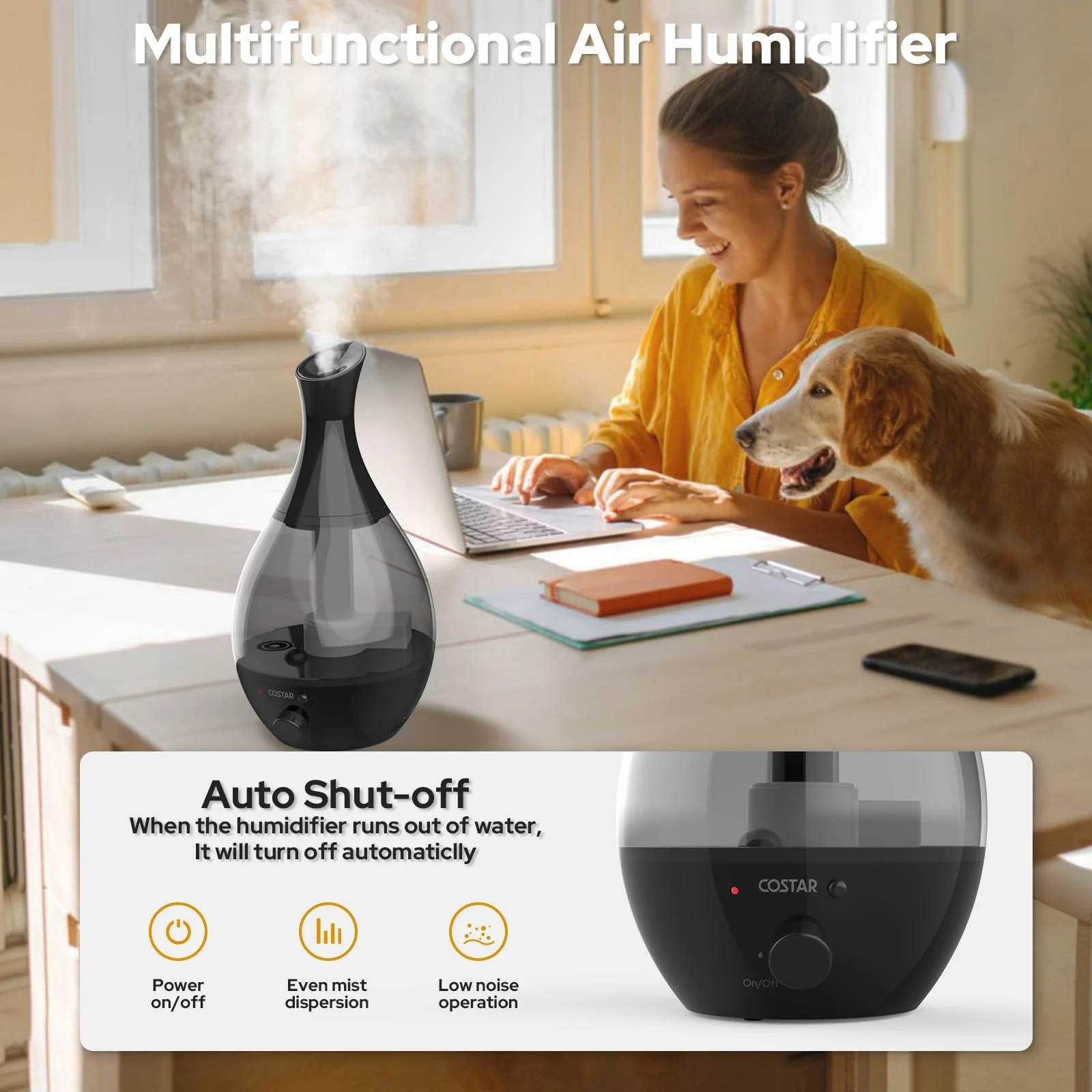 Mobigon 2.6 Litres Humidifier for Room, Cool Mist Ultrasonic Humidifier/Essential Oil Diffuser, Super Quiet 360°Nozzle, Colorful Change, Auto Shut Off&UV Light&, Lasts Up to 24 Hours - Black