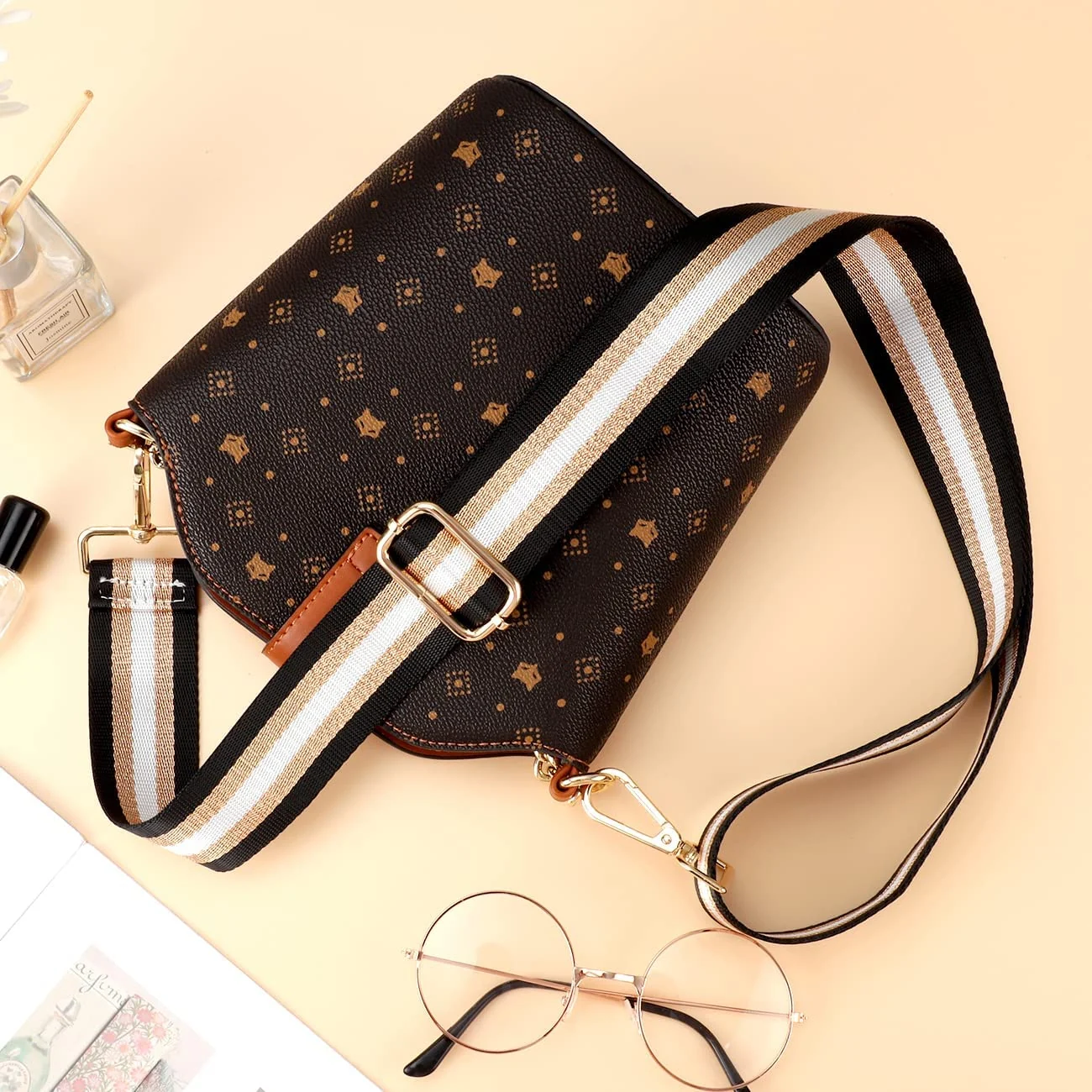 DL3 Mobilak Adjustable Wide Crossbody Bag Strap for Women, Replacement Shoulder Strap for Handbags, Totes & Purses with Elegant Embroidered Pattern and Metal Hooks - Black/Gold/White