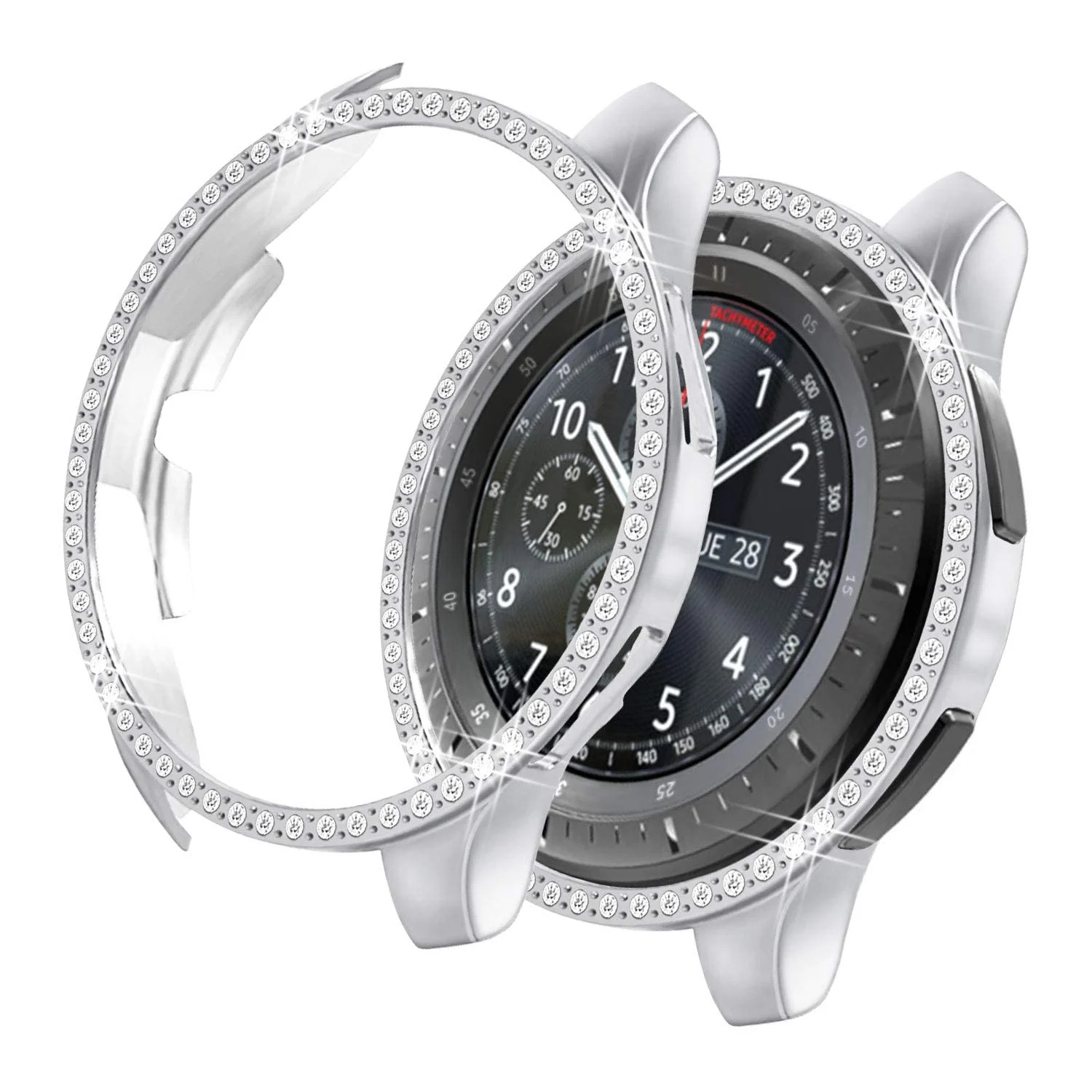 DL3 Mobilak Bumper Diamond Case Compatible with Samsung Galaxy Watch 46mm, Gear S3 Frontier Case (NOT fit for -R770), Bling Crystal Diamonds PC Plastic Protector Case Cover Frame - Silver
