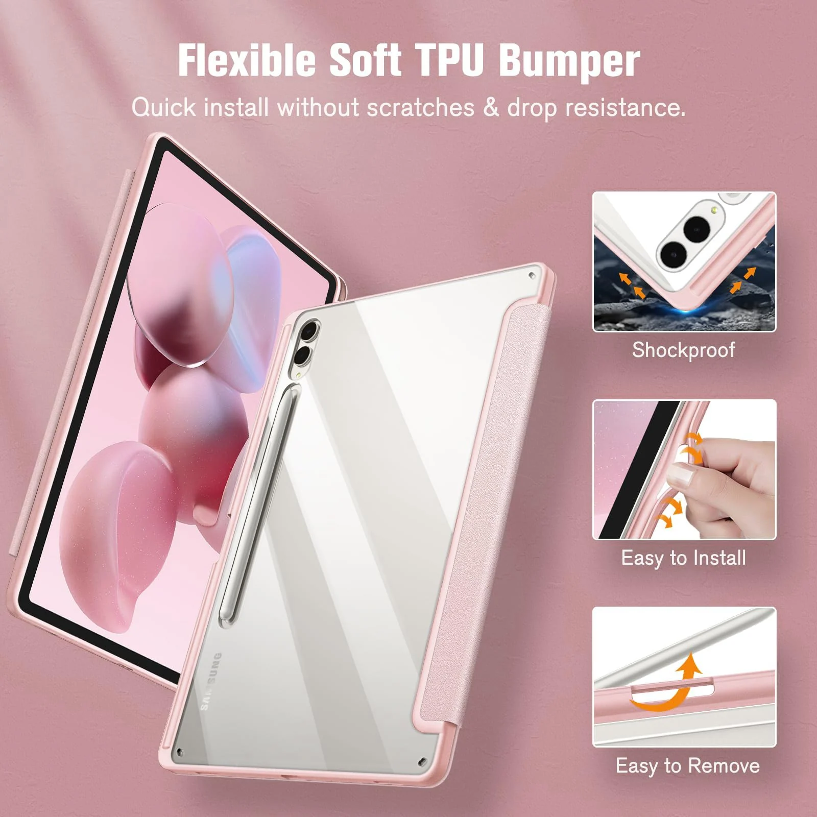 DL3 Mobilak Hybrid Slim Case for Samsung Galaxy Tab S8 Plus 2022/S7 FE 2021/S7 Plus 2020 12.4 Inch with S Pen Holder, Shockproof Cover with Clear Transparent Back Shell, Auto Wake/Sleep - Rose Gold