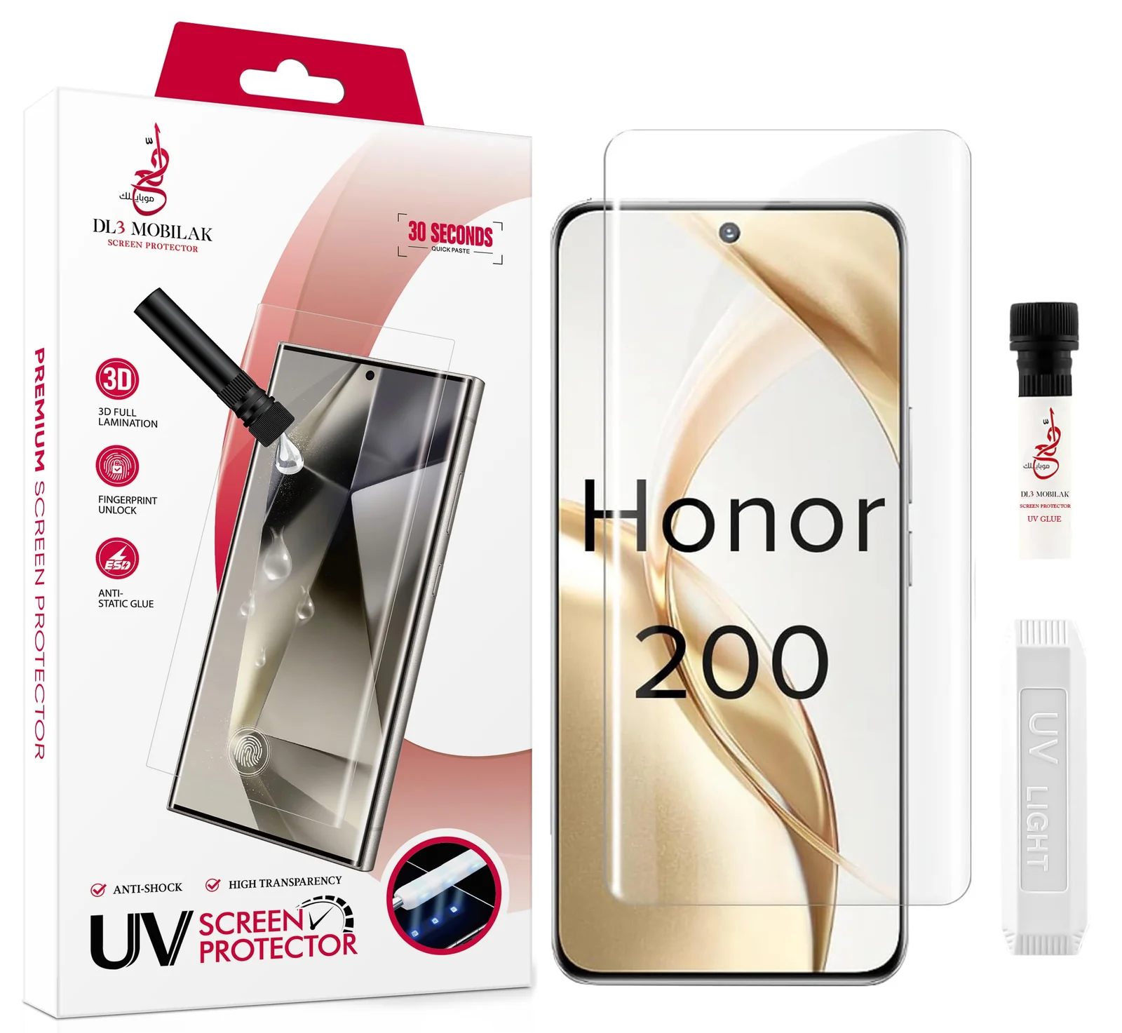 DL3 Mobilak Screen Protector Honor 200 [Liquid UV Tempered Glass] Full Screen [Sensitive Touch][Fingerprint Sensor Compatible] HD - Clear