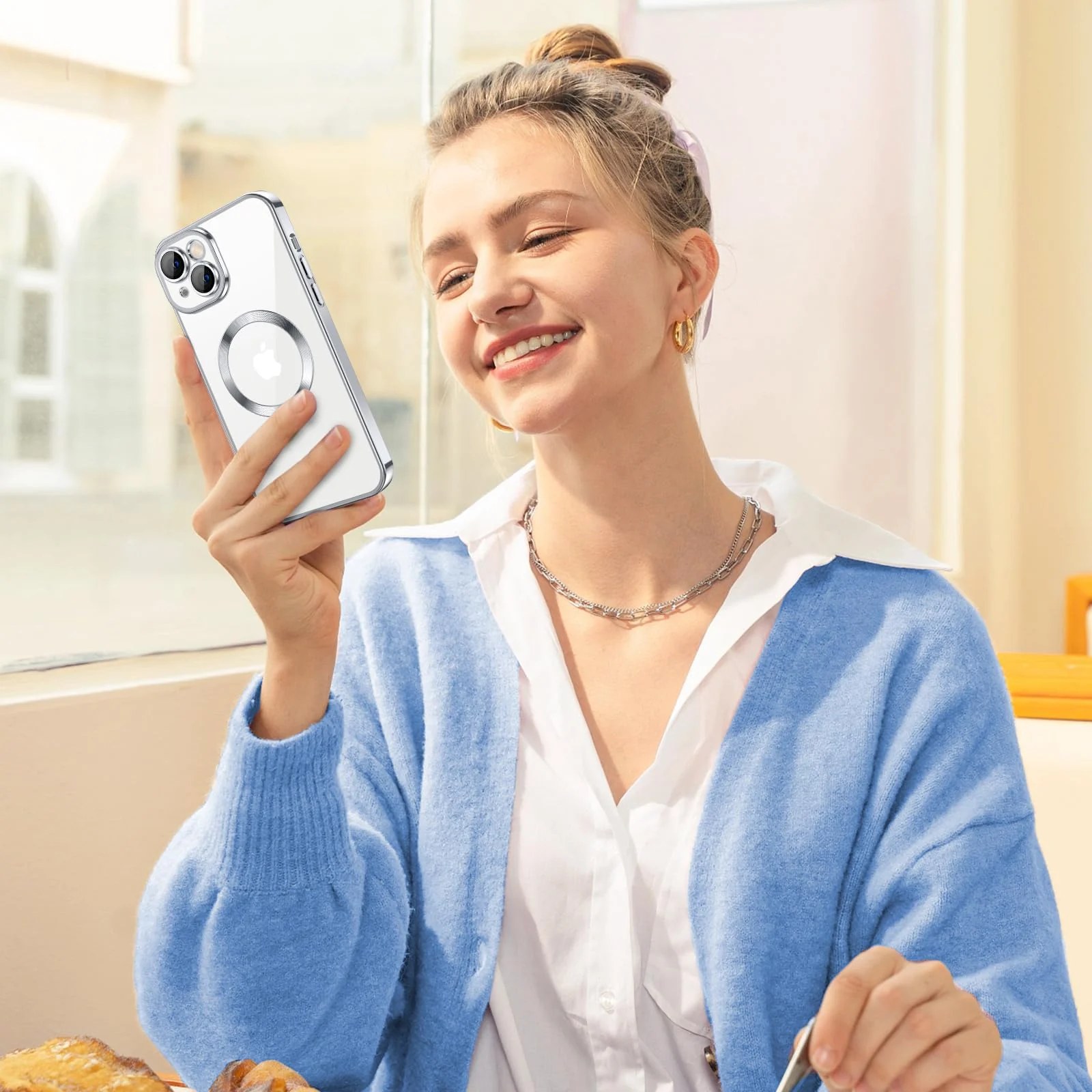 DL3 Mobilak Clear TPU Case with Electroplated Edges for iPhone 14 with Camera Protection and Anti-Yellowing Design - Silver