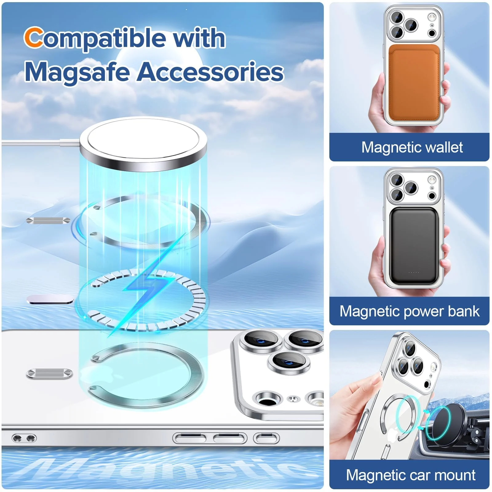 DL3 Mobilak Clear MagSafe-Compatible Magnetic Case for iPhone 17 Pro Max with Camera Protection and Magnetic Car-Mount Support - Silver