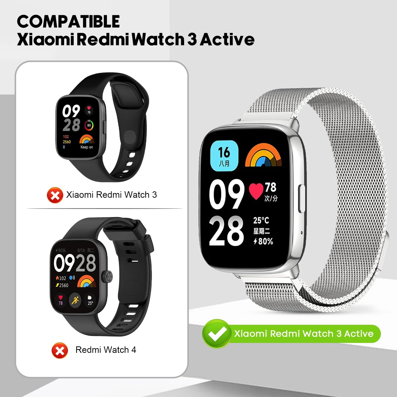DL3 Mobilak Bracelet Compatible with Xiaomi Redmi Watch 3 Active/Redmi Watch 3 Lite, Stainless Steel Replacement Strap, Mesh Metal Watch Strap, Magnetic Adjustable Replacement Band For Men Women - Silver