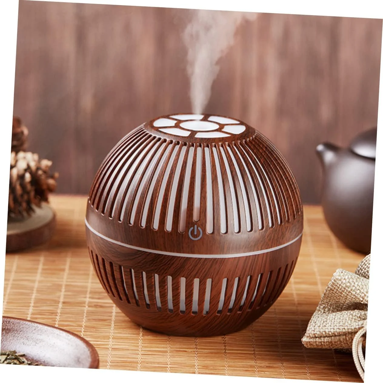 Mobigon Wood Cool Mist Ultrasonic Humidifier for Room Moisture, Aroma Diffuser for Home, 200ml Essential Oil Diffuser with 7 Colorful Night Light, Auto Shut-Off, Home, Office, car - F.Dark Brown