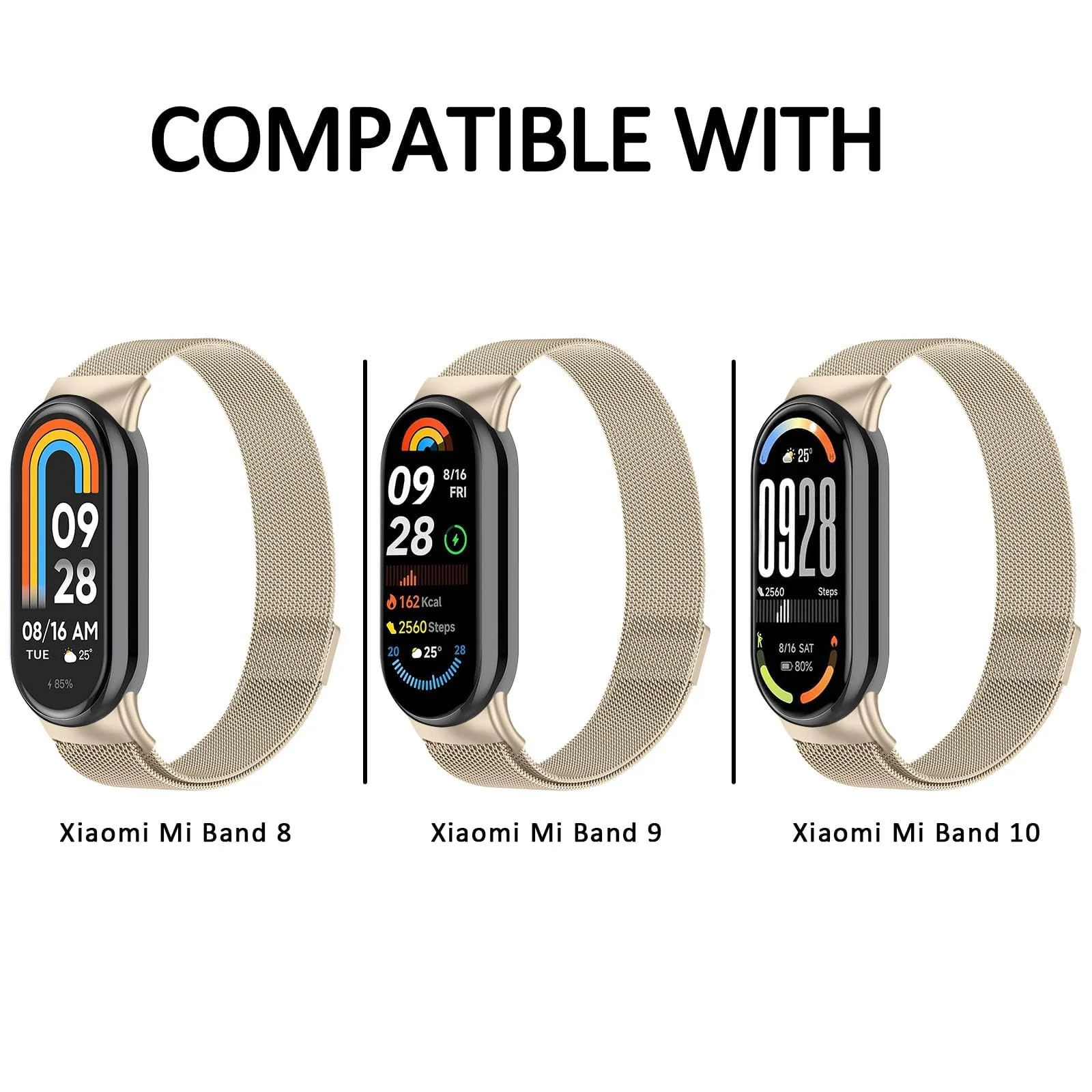 DL3 Mobilak Bracelet Compatible with Xiaomi Mi Band 10/9/8, Stainless Steel Replacement Straps, Mesh Metal Watch Strap, Magnetic Adjustable Replacement Strap For Xiaomi Smart Band 8/9/10 - Champagne