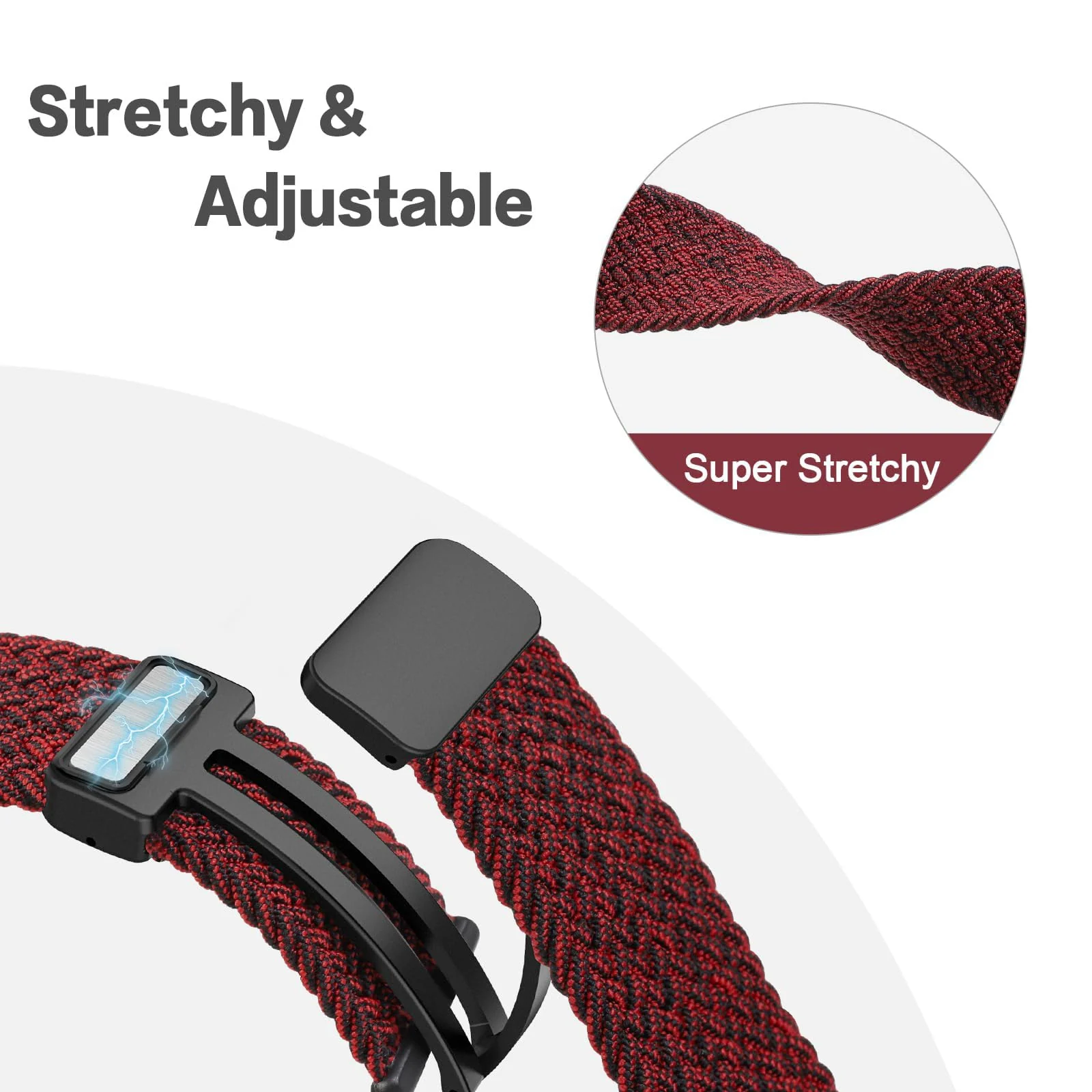 DL3 Mobilak 20mm Magnetic Band for Samsung Galaxy Watch 7/6/5/4/FE Band 40mm 44mm/Galaxy Watch 6/4 Classic Bands 47mm 43mm 46mm 42mm/Watch 5 pro 45mm/3 41mm/Active 2, Stretchy Braided Nylon Magnetic Sport Strap - Red Black