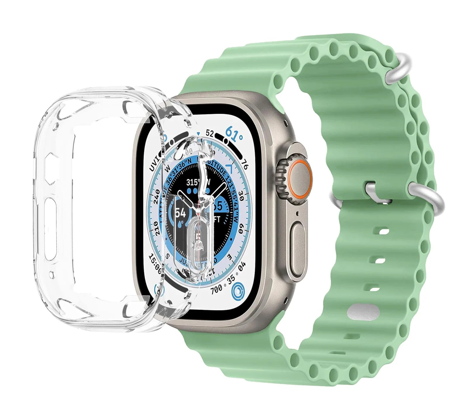 DL3 Mobilak Ocean Band with Case For Apple Watch Ultra 49mm, Adjustable Silicone Sport Loop Ocean Strap Men Women Strap With Protective Cover Screen Shockproof for iWatch Ultra 2 49mm - Mint Green
