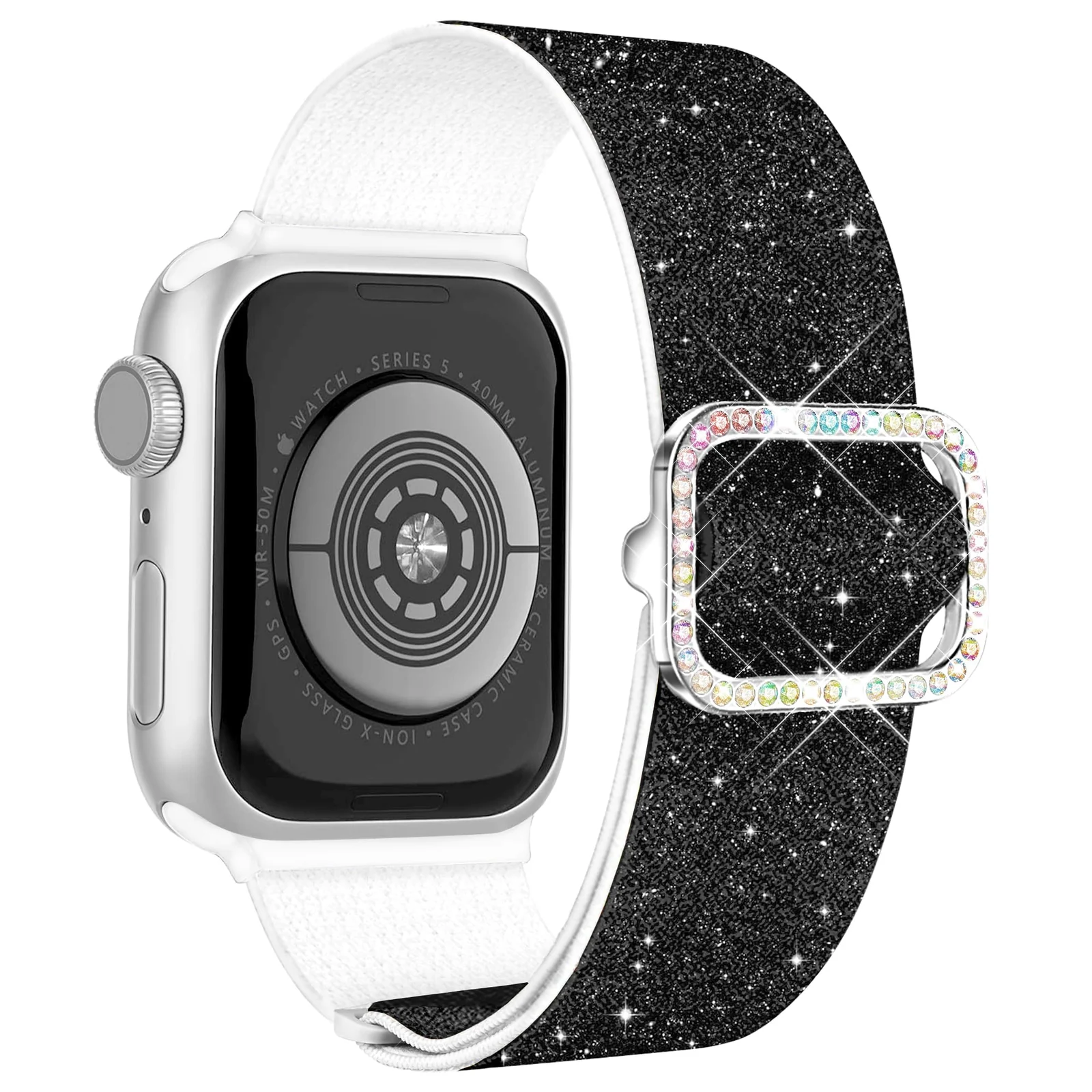 DL3 Mobilak Stretchy Bling Band For Apple Watch 49mm 46mm 45mm 44mm 42mm Women, Nylon Sparkly Strap Solo Loop Glitter Wristband for iWatch Series 11 10 9 8 7 6 5 4 SE3 SE2 SE Ultra 3 2 1 - Black White