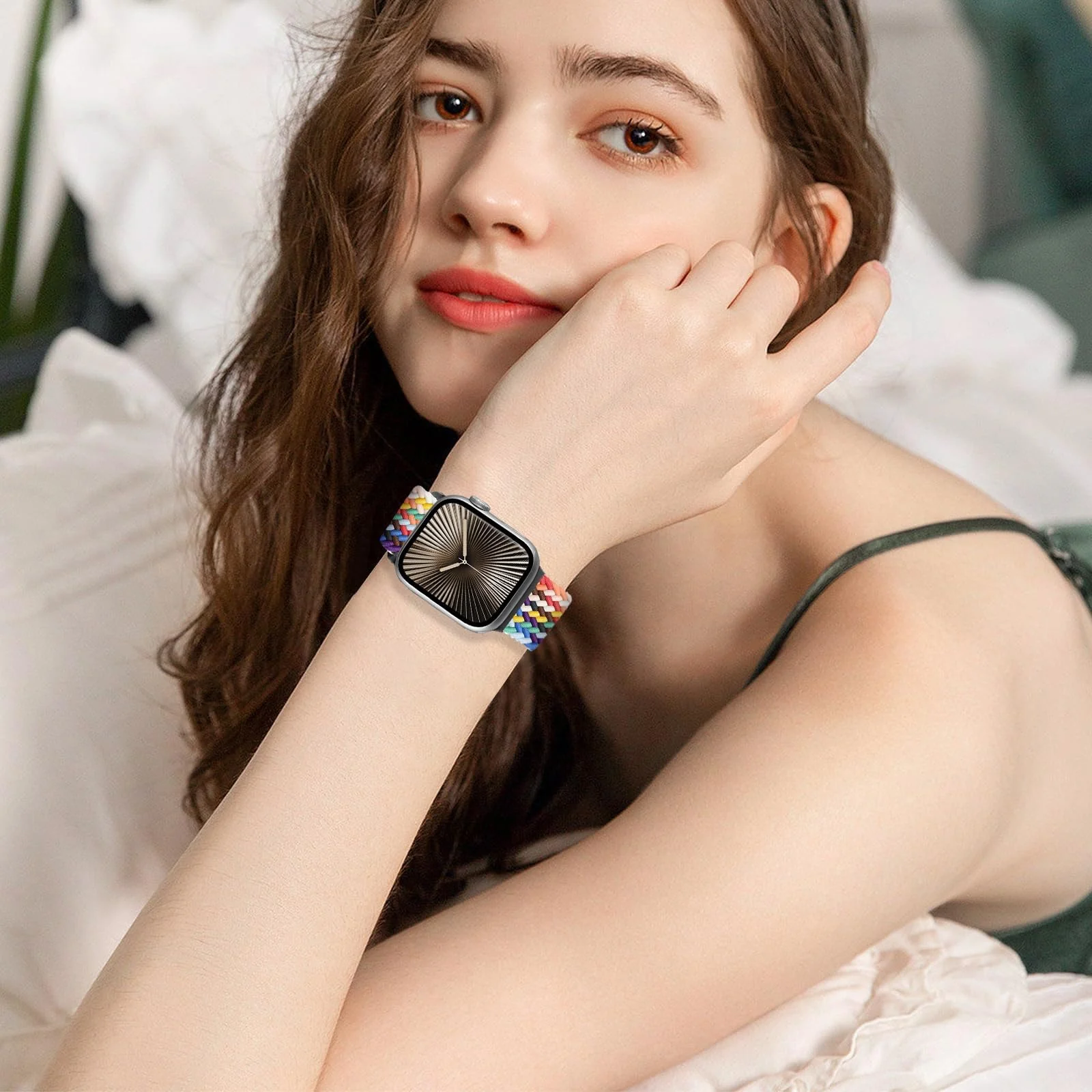 DL3 Mobilak Braided Bracelet Compatible with Redmi Watch 4/5 / 6 / Xiaomi Smart Band 8 Pro/Band 9 Pro, Nylon Magnetic Fabric Elastic Sport Nylon Replacement Strap for Men Women - Official Rainbow