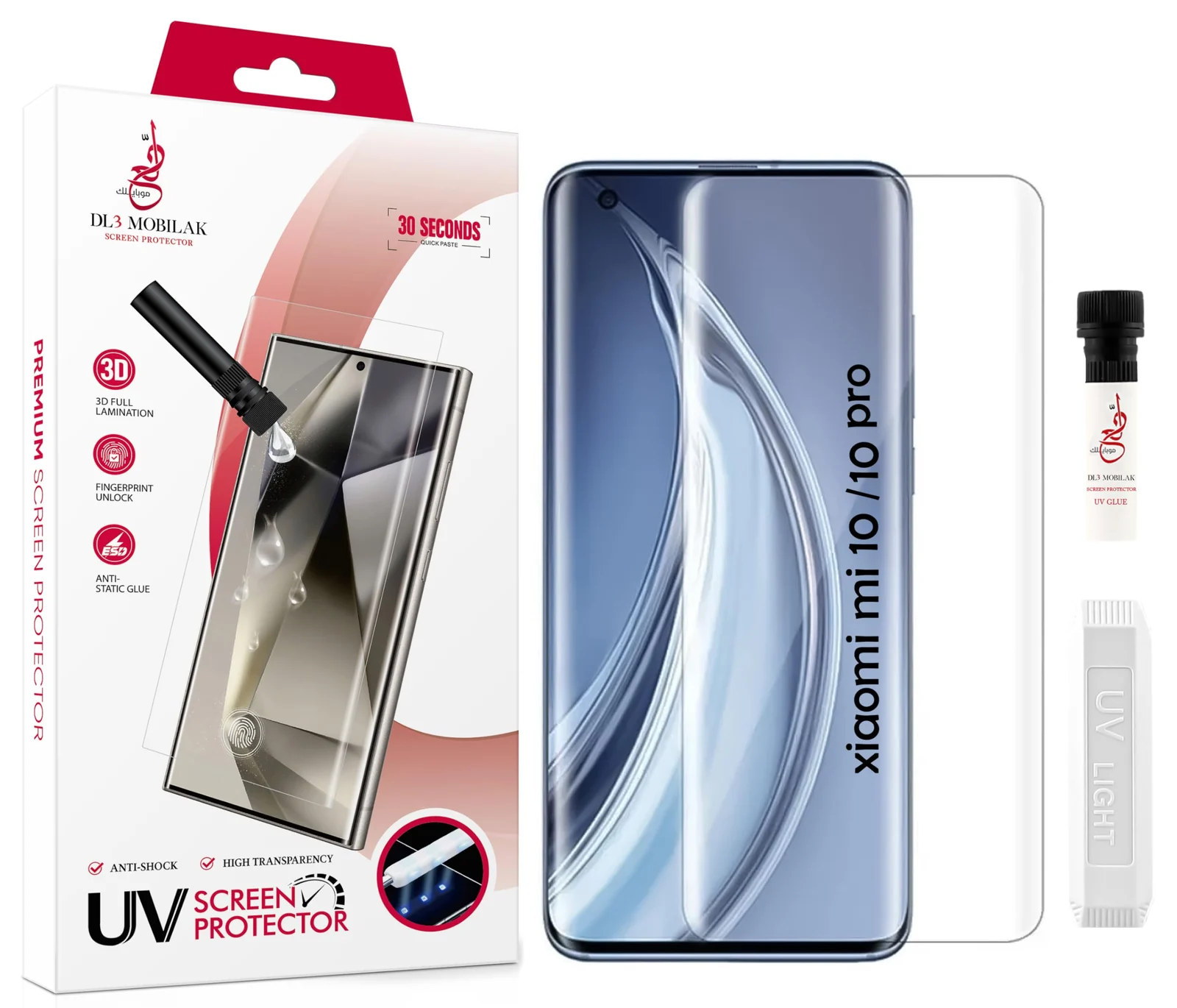 DL3 Mobilak Screen Protector Xiaomi Mi 10 / Mi 10 Pro [Liquid UV Tempered Glass] Full Screen adhesive [Sensitive Touch][Fingerprint Sensor Compatible] HD - Clear