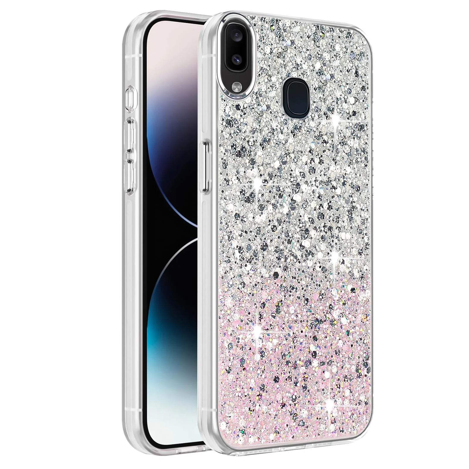 Dl3 Mobilak Compatible with Samsung Galaxy A20/A30/M10S Case, Clear Glitter Bling Sparkly, Soft TPU Frame Bumper, Hard-Back Cover for Women & Girls, Transparent Protective Phone Case (White Purple)