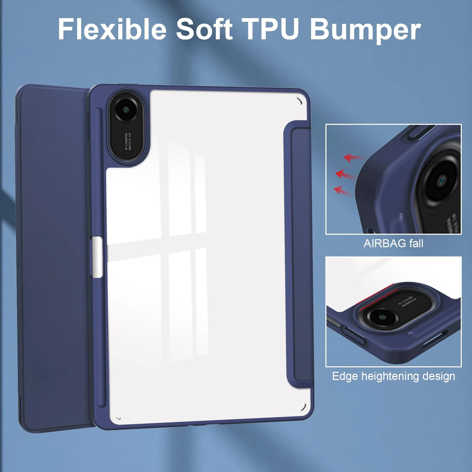 DL3 Mobilak Case for Xiaomi Redmi Pad 2 2025 11 inch with Built-in Pencil Holder, Clear Transparent PC Back, Shockproof Tri-Fold Stand Tablet Cover, Auto Wake/Sleep - Dark Blue