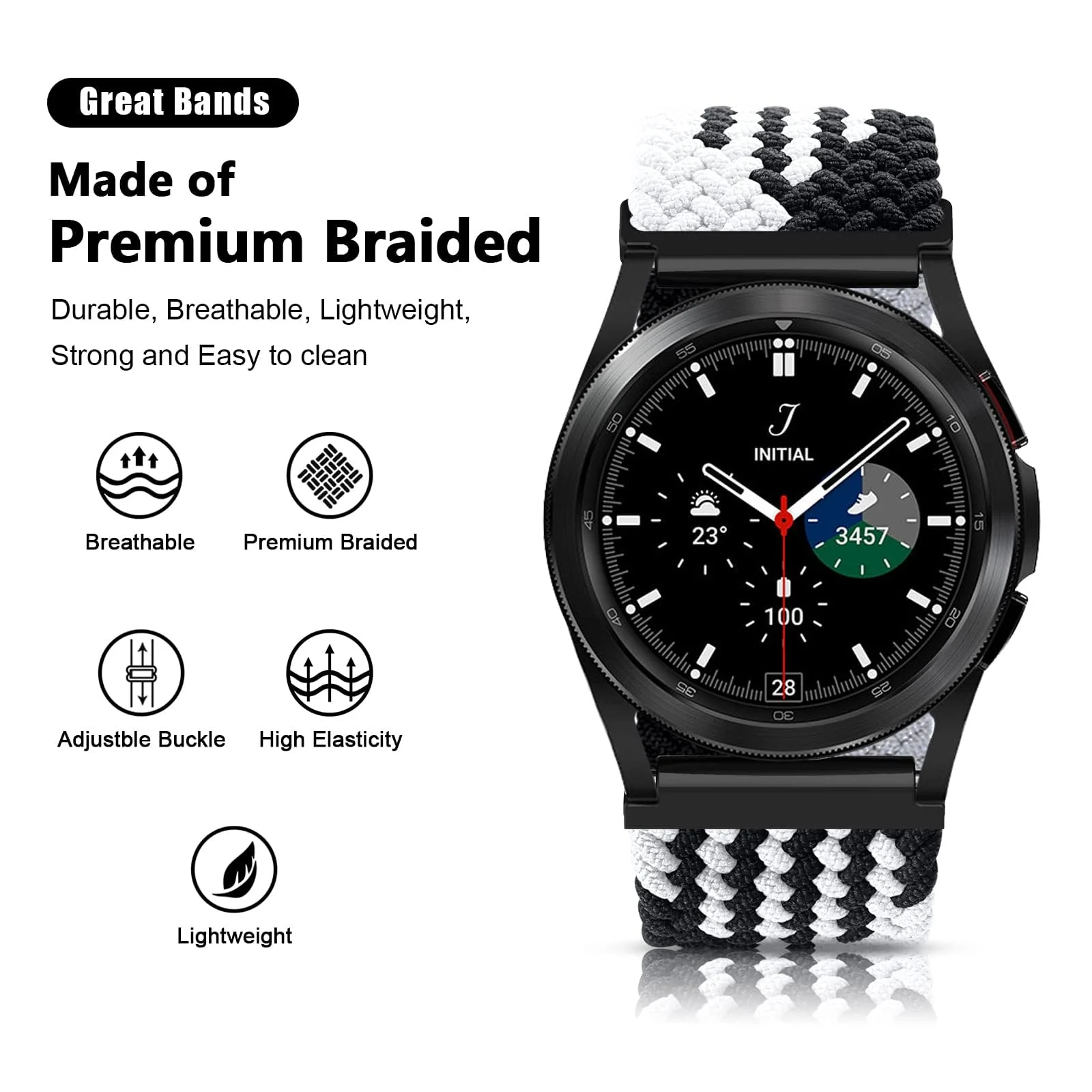 DL3 MOBILAK Band 20MM Nylon Braided Solo Loop Strap Compatible with Samsung Gear Sport/Watch 6/5/4 40mm 44mm/Watch 6 Classic 43mm 47mm/5 Pro 45mm/active 2 40mm 44mm (Medium) - A.Black White