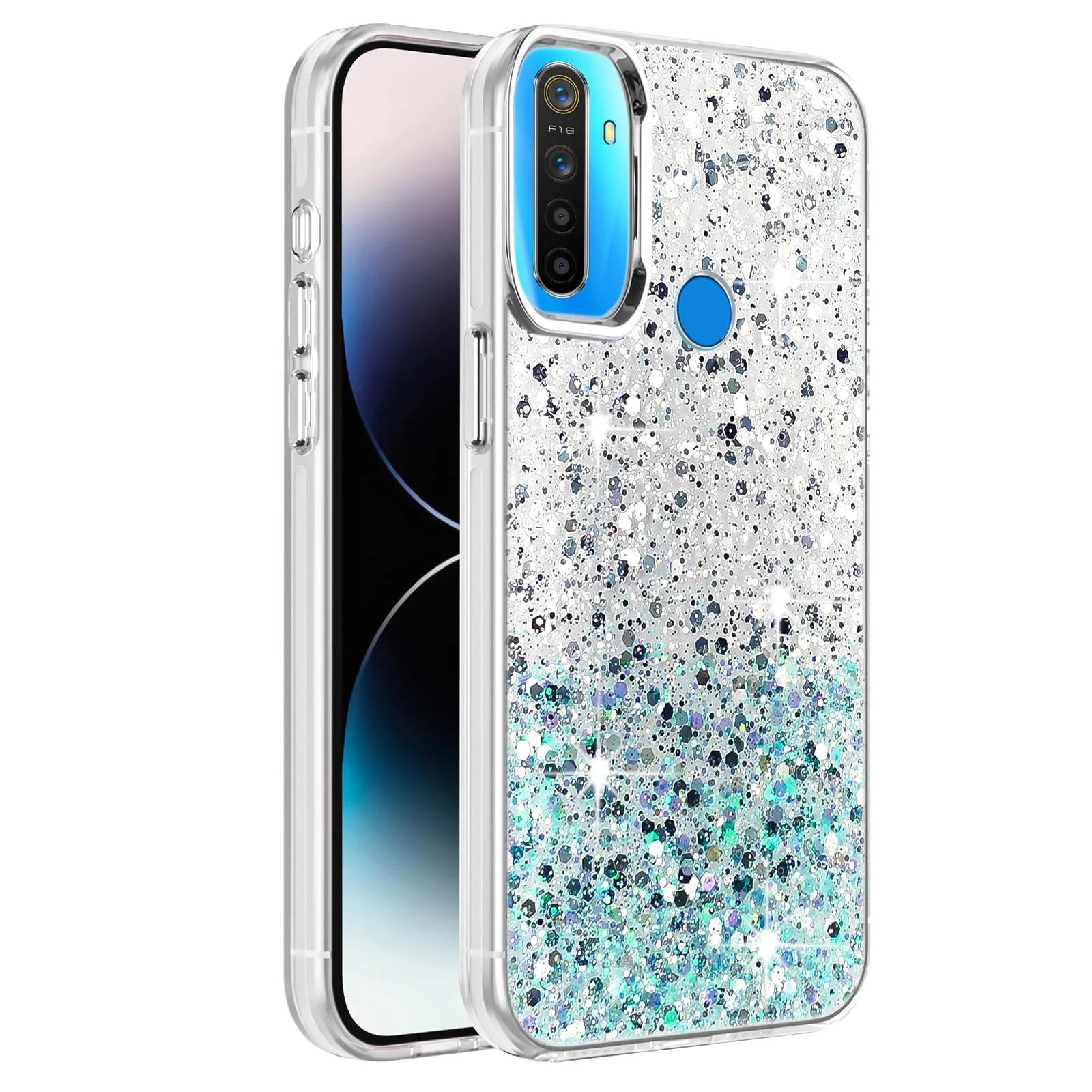 DL3 Mobilak Glitter Protective Case for OPPO realme 5 / 5s / 5i / 6i / C3 / Narzo 10A, Supports wireless charging, Camera protection, Shock-absorbing protection - White Green