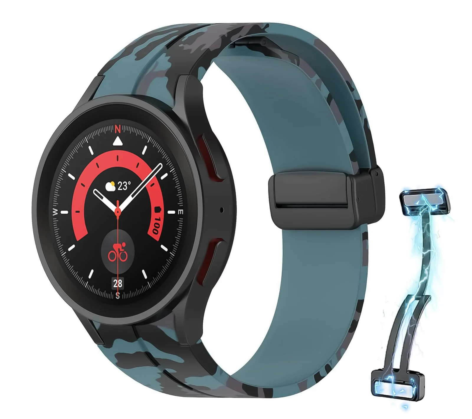 DL3 Mobilak Strap Compatible with Samsung Galaxy Watch 7 FE 6 5 4 Strap 40mm 44mm/Watch 6 Classic 43mm 47mm/5 Pro 45mm/4 Classic 42mm 46mm, No Gap Magnetic Clasp Silicone Band - Camouflage Pine Green