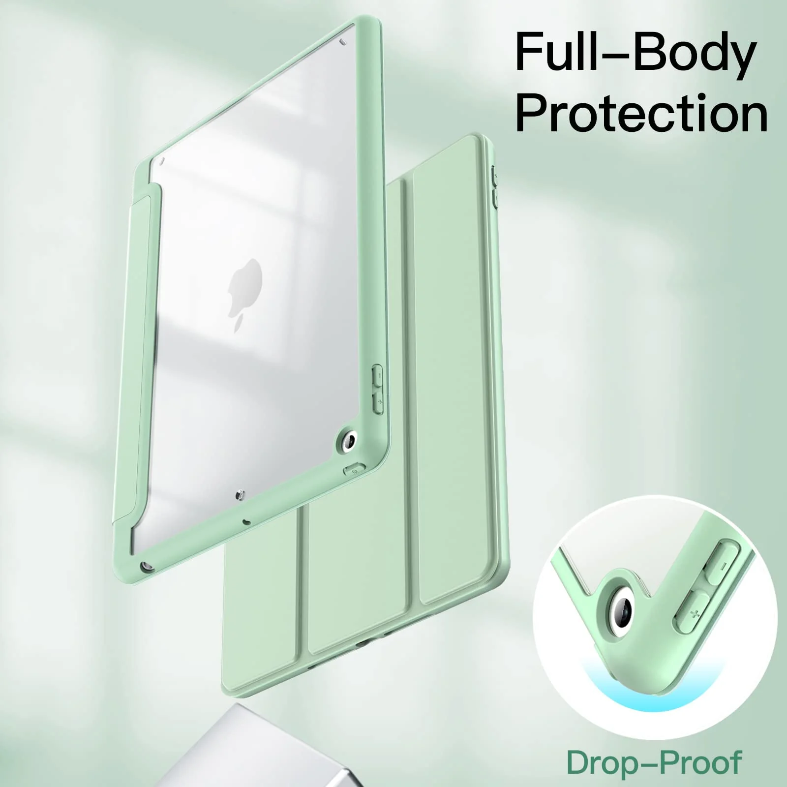 DL3 Mobilak Case for iPad 10.2-Inch (9th/8th/7th Generation, 2021/2020/2019), Clear Shockproof Back Cover Built-in Pencil Holder, Auto Sleep/Wake - Mint Green