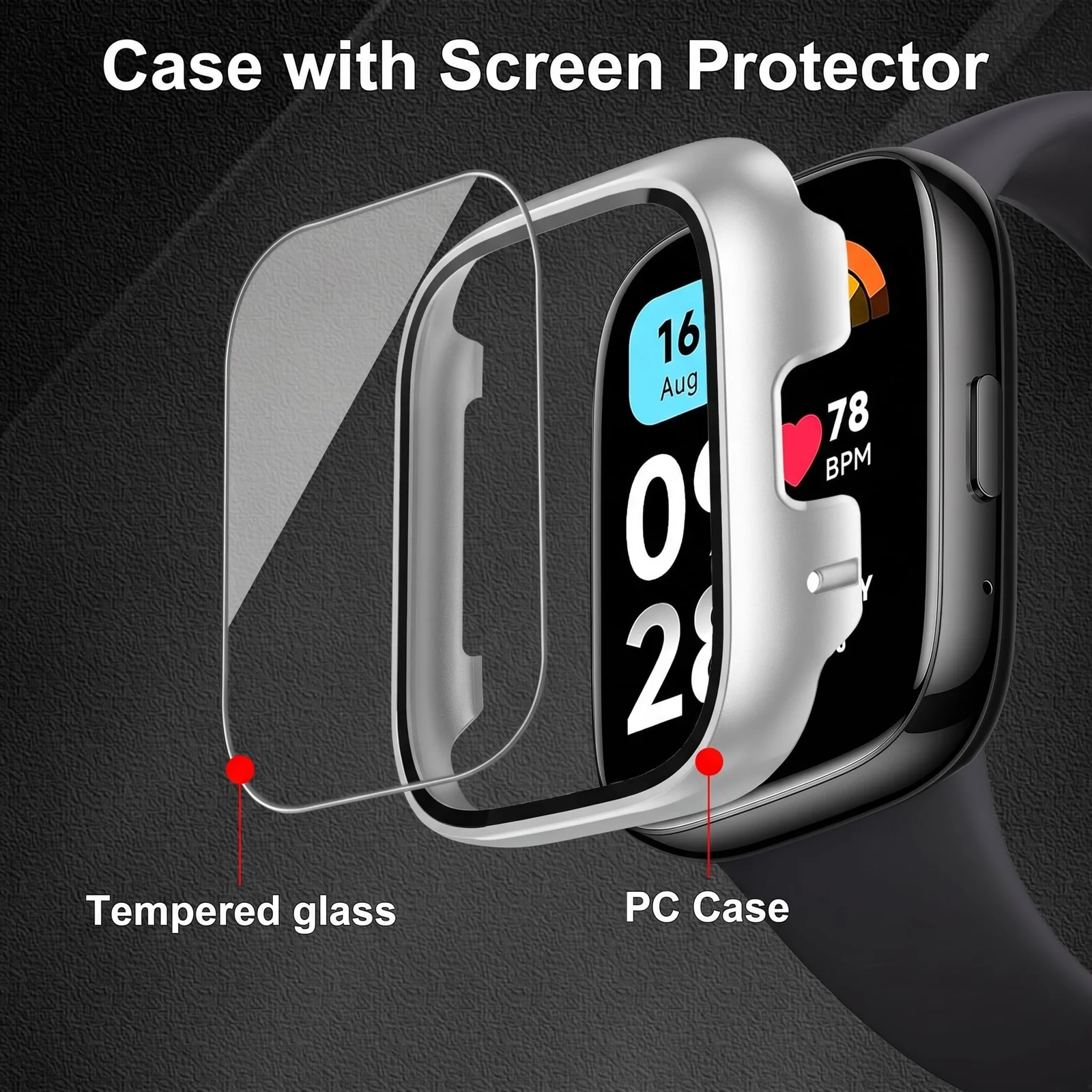 DL3 MOBILAK Full-Coverage Watch Case with Tempered Glass for Xiaomi Redmi Watch 3 Active / Redmi Watch 3 Lite, Silver