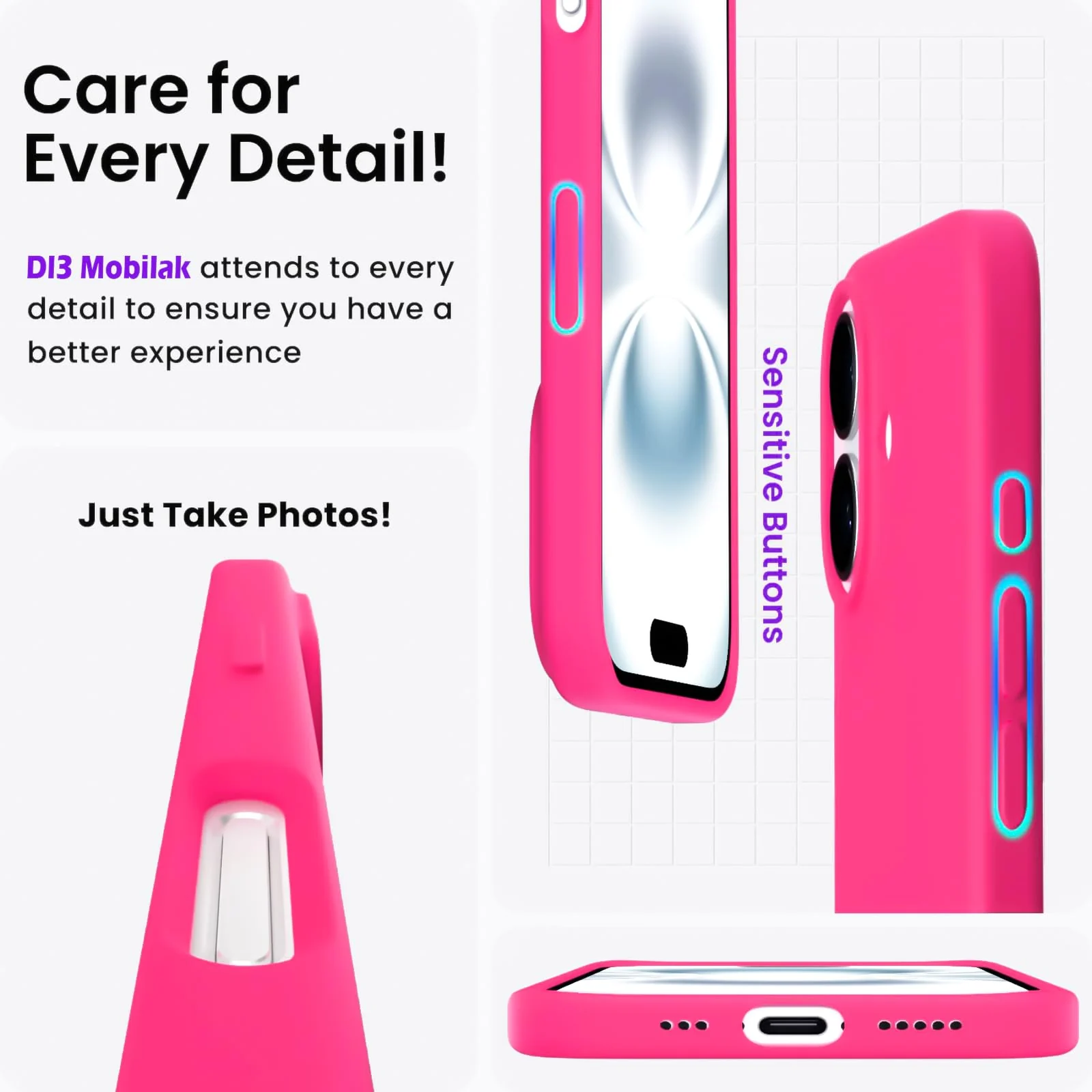 DL3 Mobilak Liquid Silicone Protective Case with Soft Microfiber Lining for iPhone 16 - Neon Pink