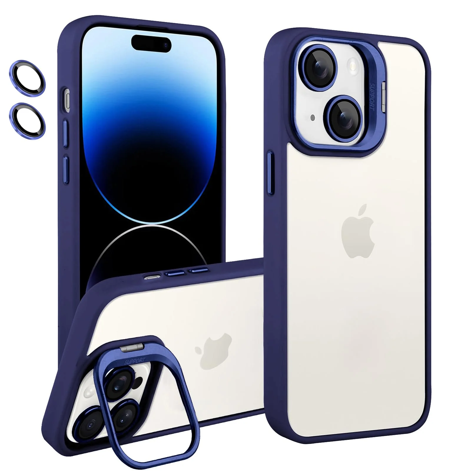 DL3 Mobilak Clear PC and TPU Case with Camera Ring Kickstand and Lens Protector for iPhone 13 / iPhone 14 - Blue